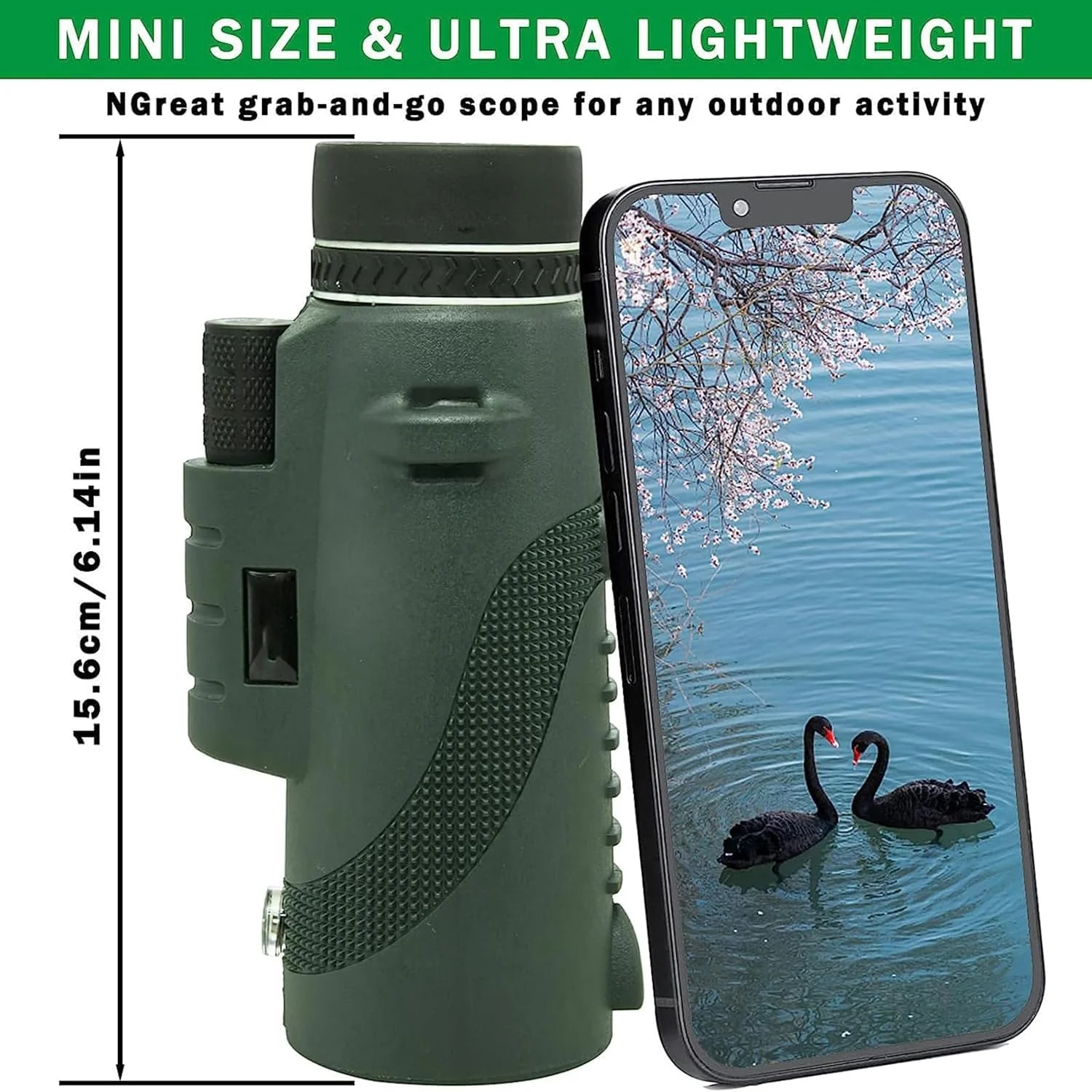 تلسکوپ تک چشمی پاپوریچ، تک چشمی قدرتمند برای بزرگسالان، با منشور BAK4 و لنز FMC، با نگهدارنده تلفن هوشمند و سه پایه، تک چشمی تلفن هوشمند برای تماشای پرندگان، حیات وحش، شکار، پیاده روی (سبز)