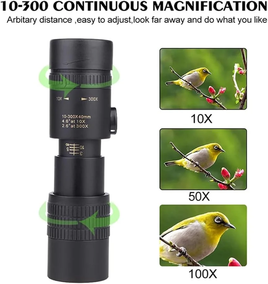 تلسکوپ بیرونی 10-300x40 با لنز زوم چرخشی، تک چشمی حرفه ای برد بلند، مناسب برای عکاسی با تلفن همراه، مدل A