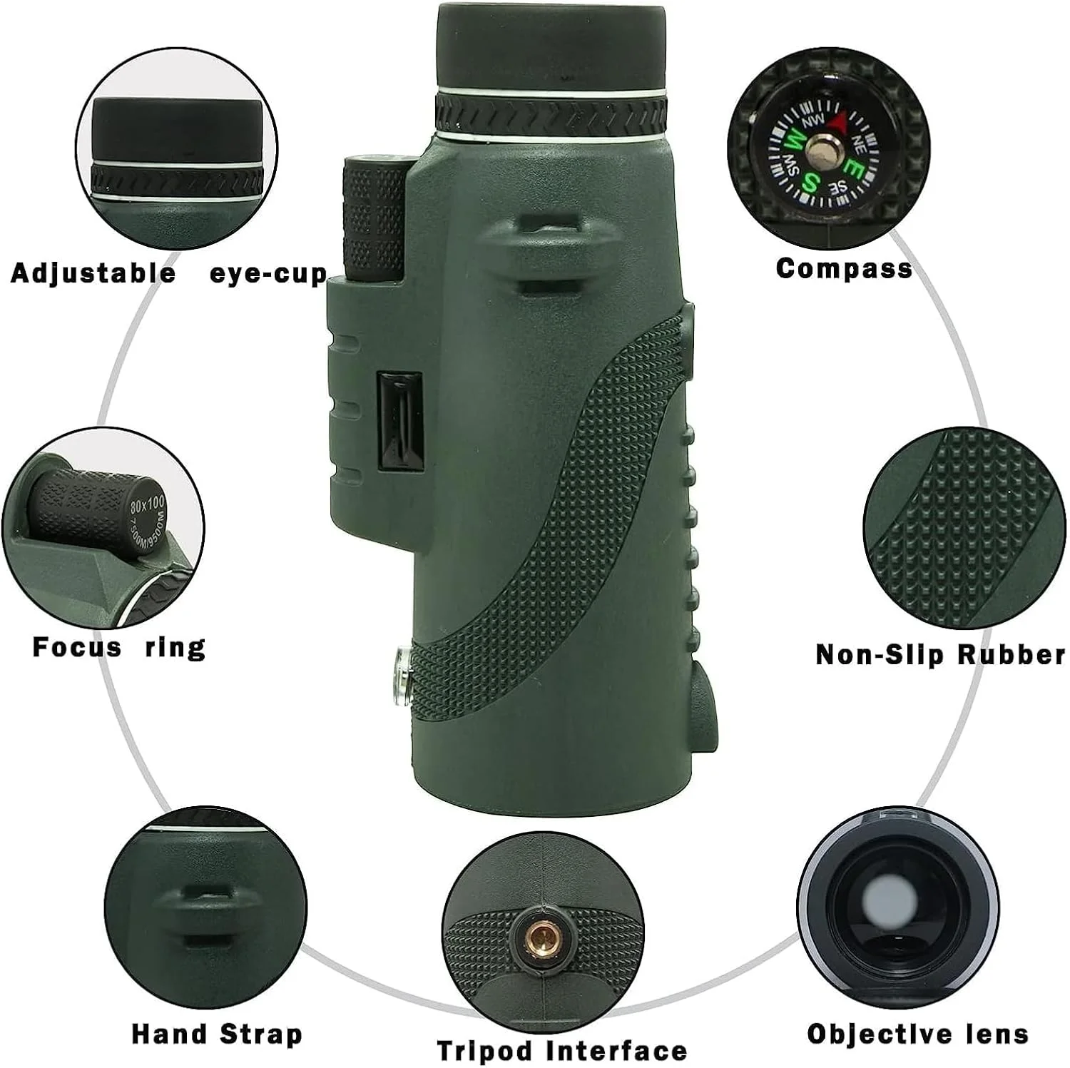 تلسکوپ تک چشمی پاپوریچ، تک چشمی قدرتمند برای بزرگسالان، با منشور BAK4 و لنز FMC، با نگهدارنده تلفن هوشمند و سه پایه، تک چشمی تلفن هوشمند برای تماشای پرندگان، حیات وحش، شکار، پیاده روی (سبز)