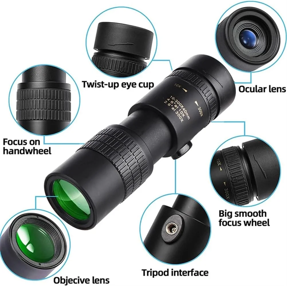 تلسکوپ بیرونی 10-300x40 با لنز زوم چرخشی، تک چشمی حرفه ای برد بلند، مناسب برای عکاسی با تلفن همراه، مدل A