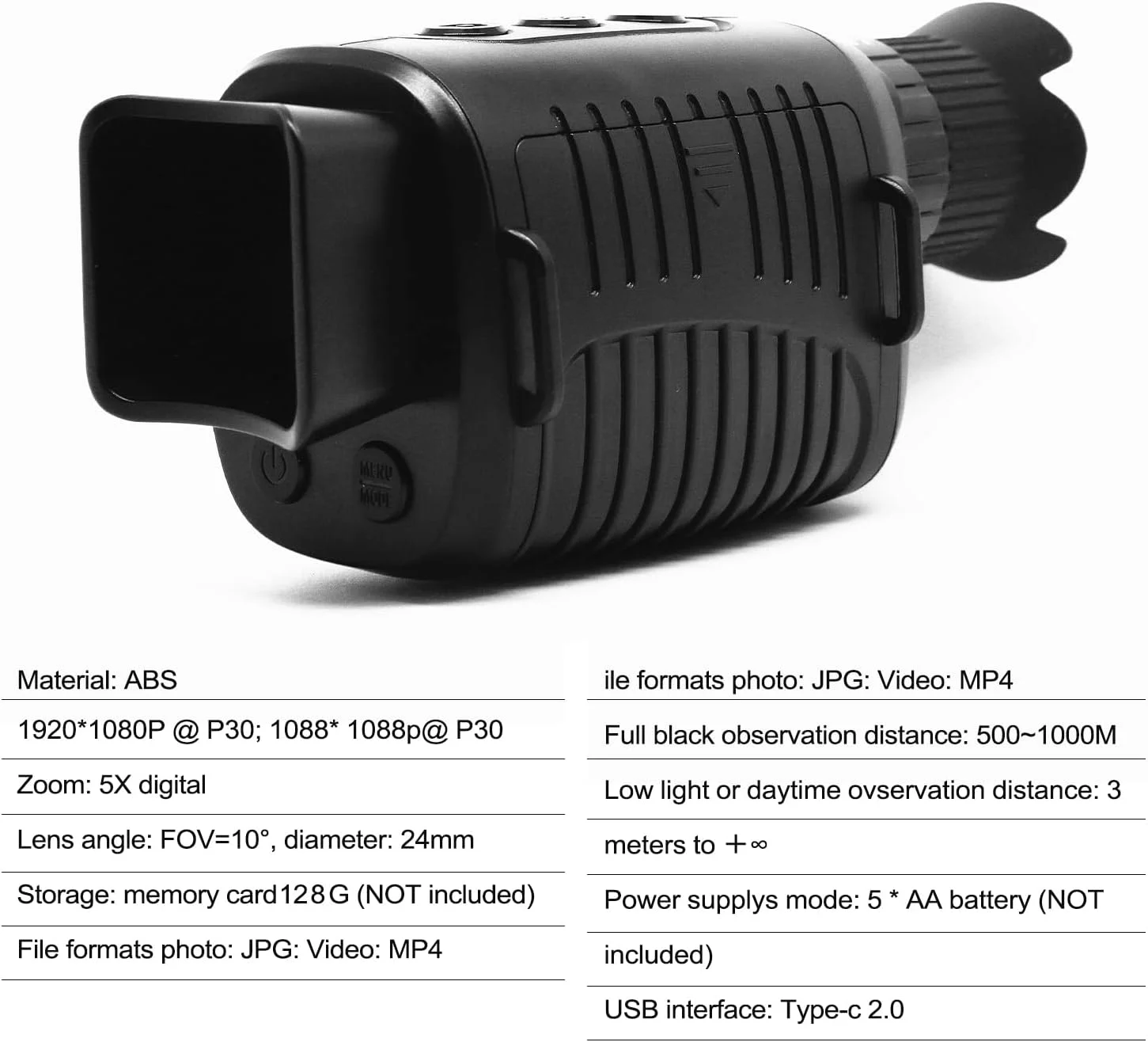 دستگاه دید در شب مادون قرمز تک چشمی اپتیکال با 10 زبان، زوم دیجیتال 5X، پخش عکس و فیلم، فاصله دید کامل در تاریکی 500 تا 1000 متری برای شکار و قایق‌سواری در فضای باز