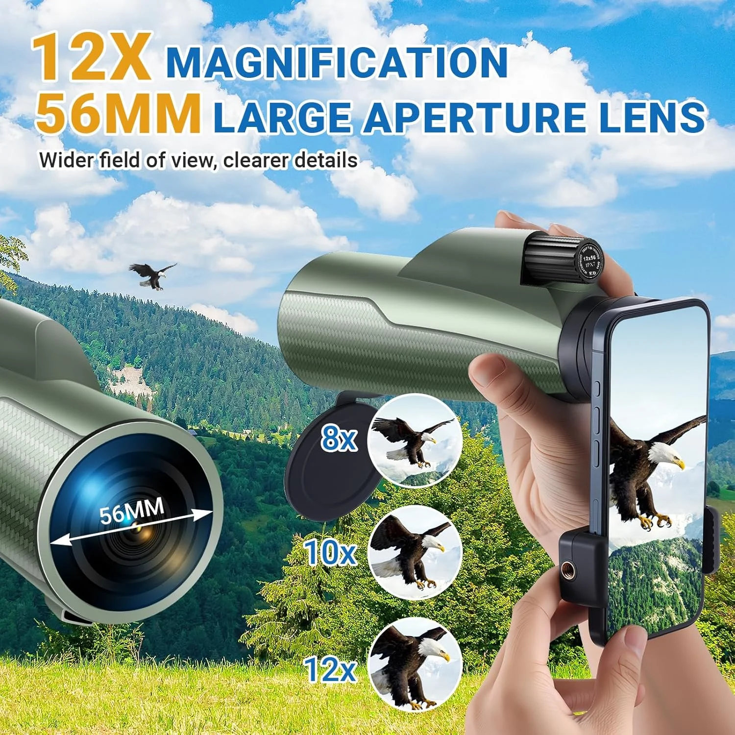 تک چشمی 12x56 با قدرت بالا برای بزرگسالان، تلسکوپ تک چشمی HD BAK4 FMC با آداپتور تلفن هوشمند و سه پایه، تک چشمی سبک وزن قابل حمل برای تماشای پرندگان، تماشای ستارگان، کنسرت ها و رویدادهای ورزشی