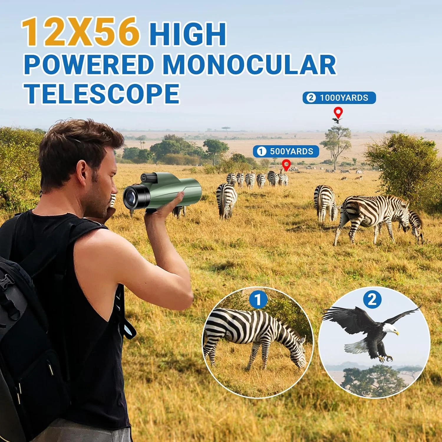 تک چشمی 12x56 با قدرت بالا برای بزرگسالان، تلسکوپ تک چشمی HD BAK4 FMC با آداپتور تلفن هوشمند و سه پایه، تک چشمی سبک وزن قابل حمل برای تماشای پرندگان، تماشای ستارگان، کنسرت ها و رویدادهای ورزشی