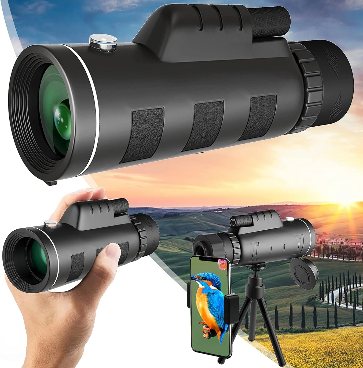 تلسکوپ تک چشمی 40x60، تلسکوپ زوم ضد آب دید در شب با قدرت بالا، مناسب برای تماشای پرندگان، شکار، کمپینگ و حیات وحش به همراه سه پایه