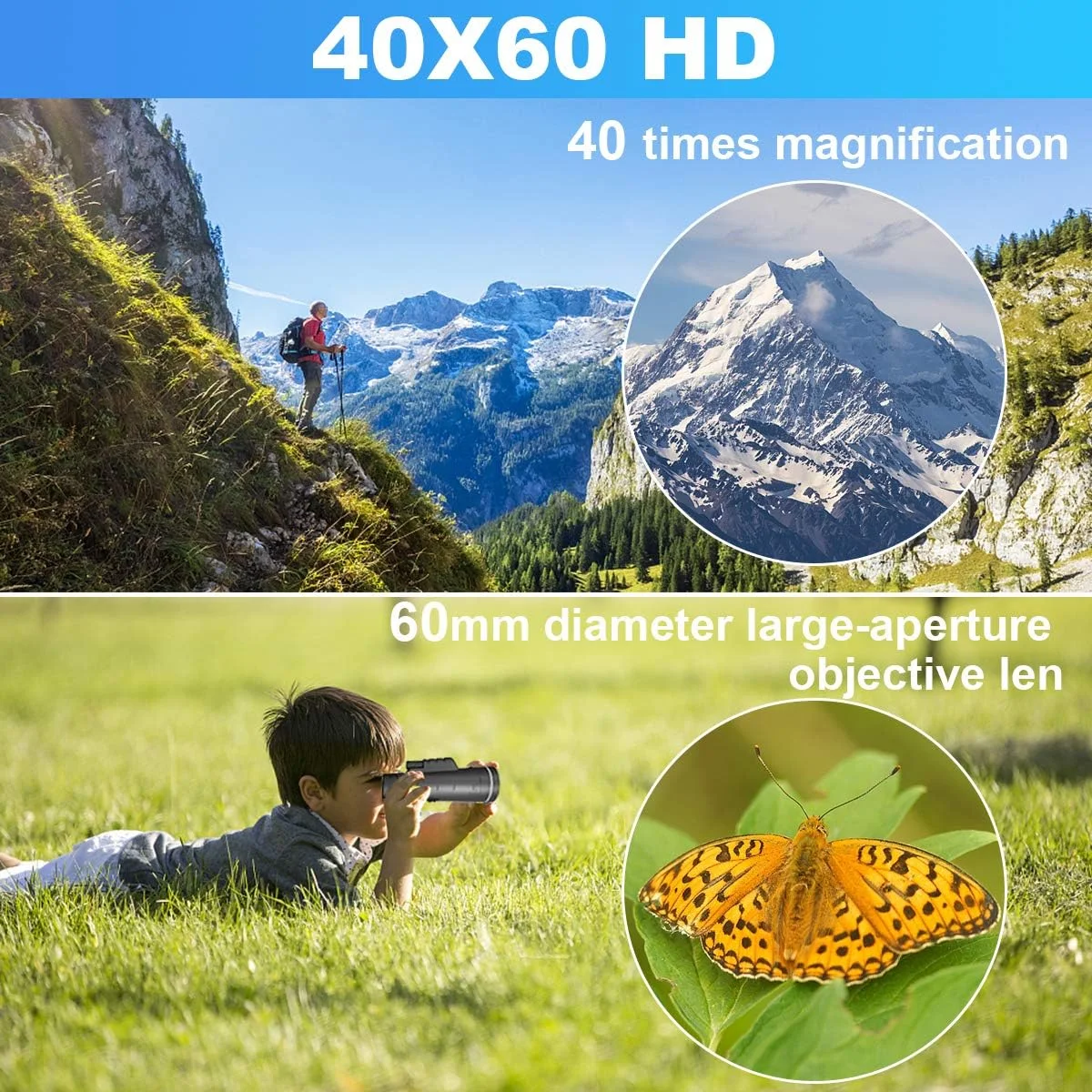 تلسکوپ تک چشمی 40x60، تلسکوپ زوم ضد آب دید در شب با قدرت بالا، مناسب برای تماشای پرندگان، شکار، کمپینگ و حیات وحش به همراه سه پایه