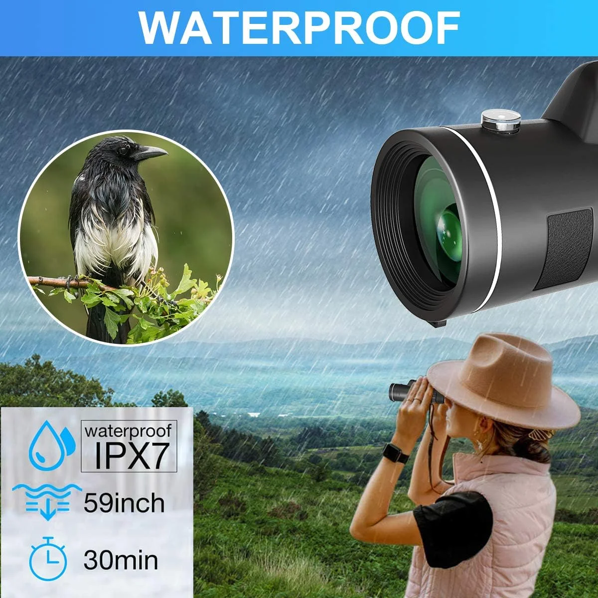 تلسکوپ تک چشمی 40x60، تلسکوپ زوم ضد آب دید در شب با قدرت بالا، مناسب برای تماشای پرندگان، شکار، کمپینگ و حیات وحش به همراه سه پایه