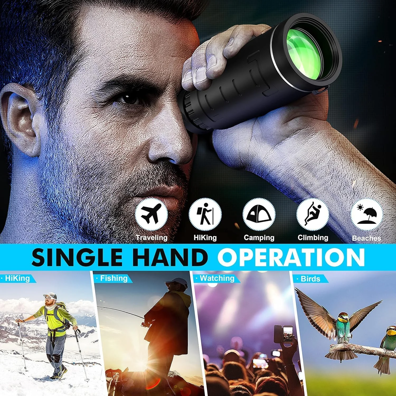 تلسکوپ تک چشمی 40x60 به همراه آداپتور تلفن هوشمند، منشور BAK4 FMC با قدرت بالا برای بزرگسالان، تلسکوپ دید در نور کم جمع و جور برای حیات وحش، شکار، کمپینگ، مسافرت و ماجراجویی در فضای باز