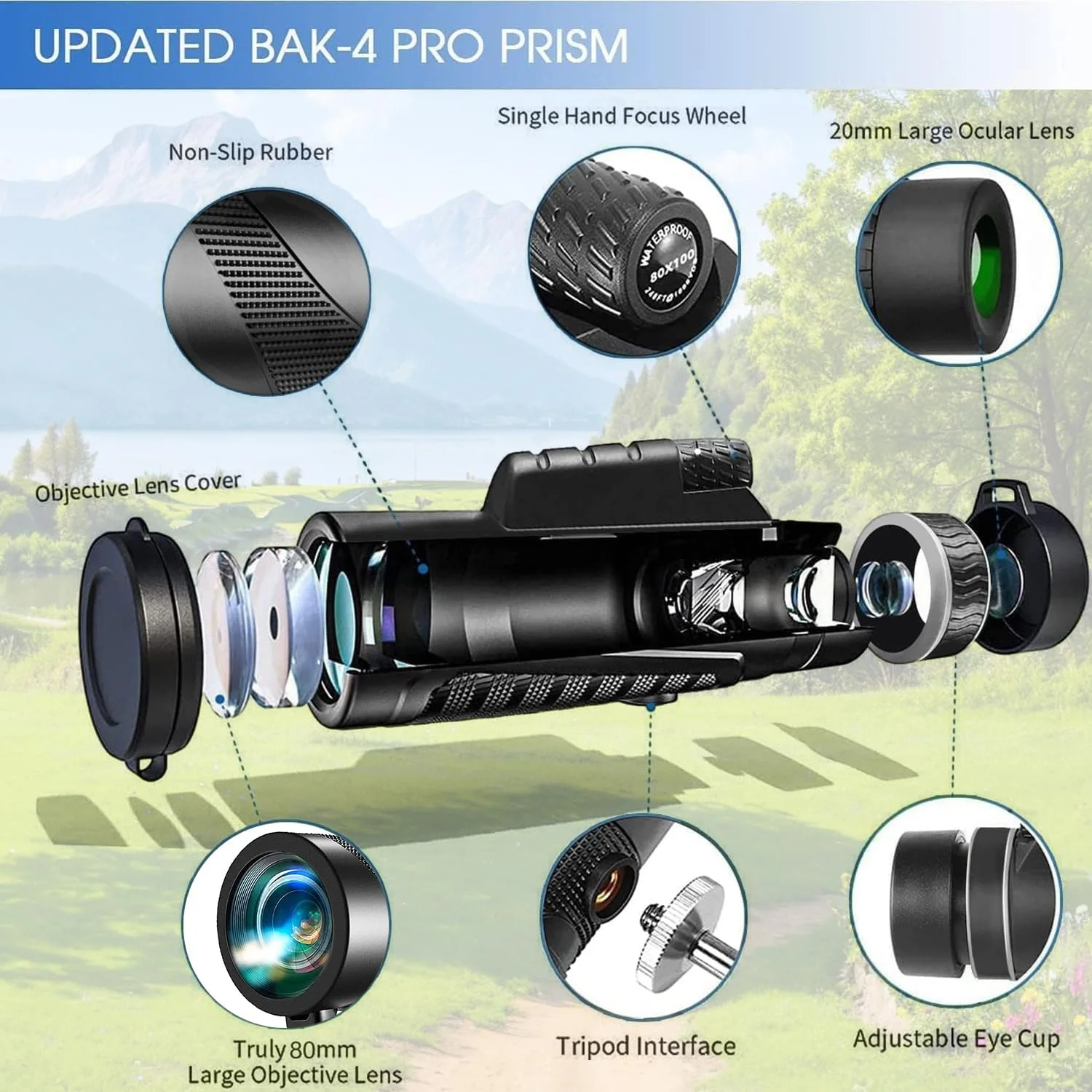 تلسکوپ تک چشمی 100x80 با قدرت بالا برای تلفن های هوشمند، تلسکوپ تک چشمی با کیفیت بالا برای بزرگسالان، مناسب برای تماشای ستارگان، شکار، حیات وحش، تماشای پرندگان، مسافرت، کمپینگ و پیاده روی