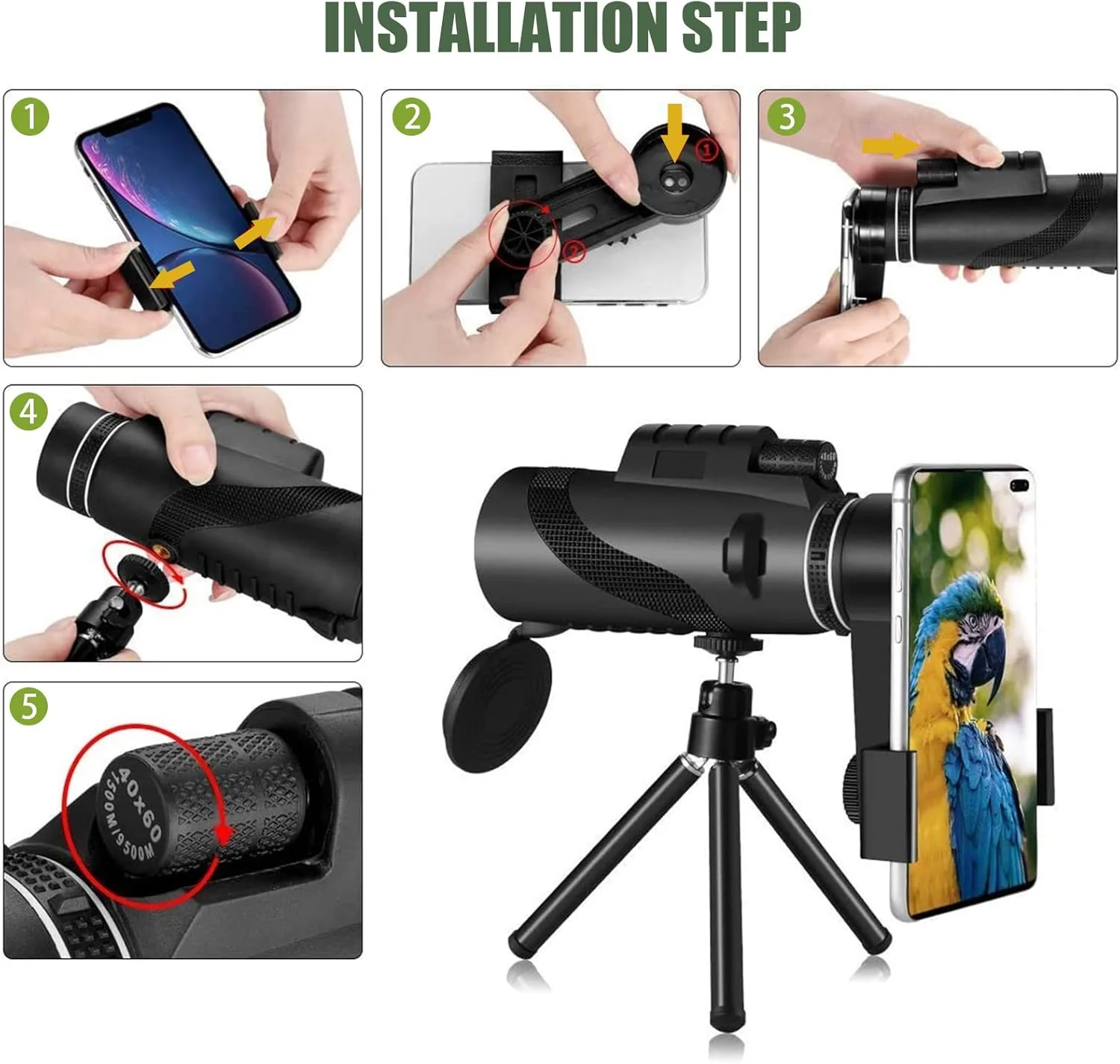 تلسکوپ تک چشمی 80X100 HD دید در شب با نگهدارنده تلفن هوشمند و سه پایه، تلسکوپ زوم پرقدرت برای تماشای پرندگان، پیاده روی، تماشای ستارگان، مسافرت، حیات وحش و کنسرت (مشکی)