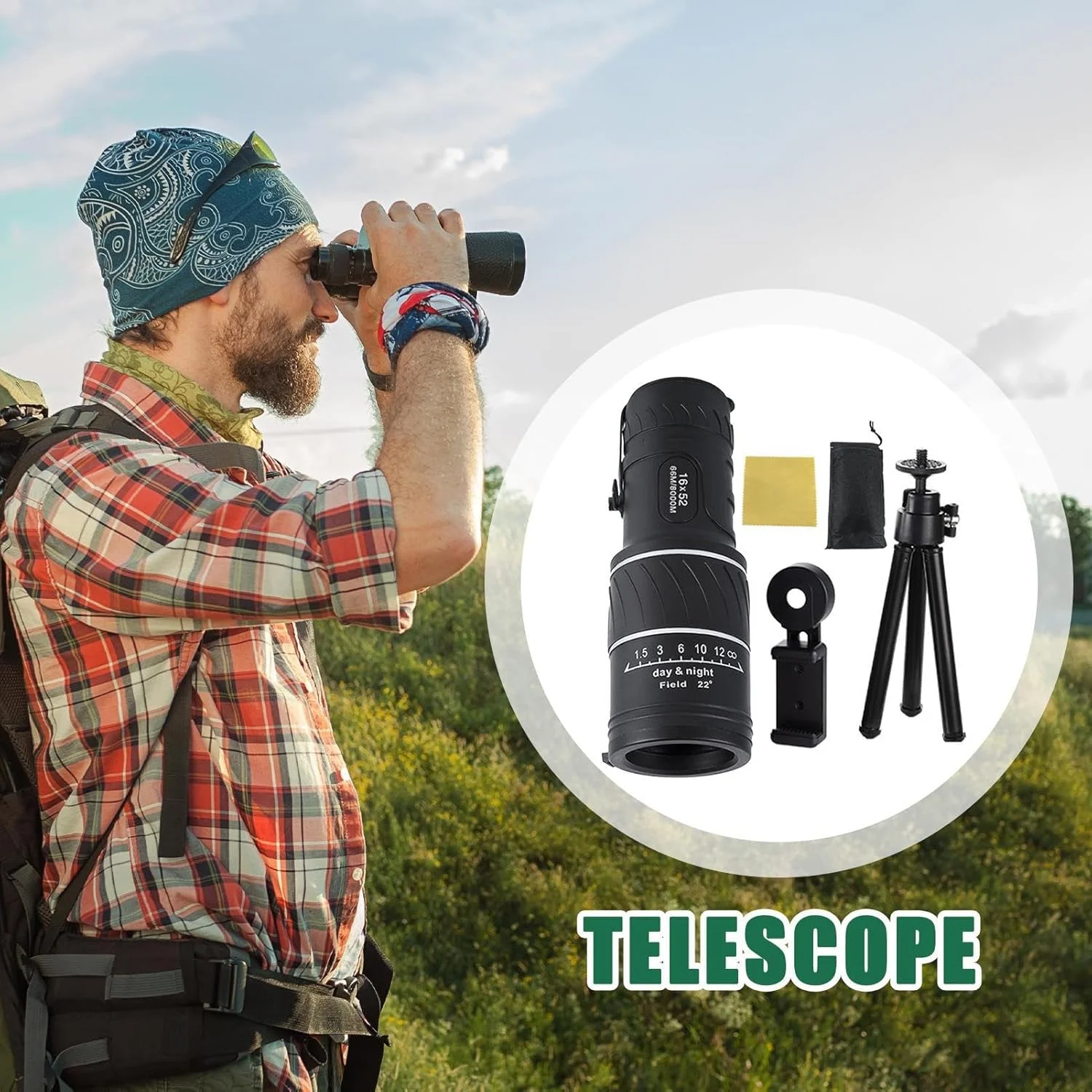 تلسکوپ تک چشمی برای تلفن هوشمند - تلسکوپ تک چشمی دستی 16X52، اسباب بازی سبک وزن و قدرتمند برای تماشای پرندگان، پیاده روی، کمپینگ و فعالیت های اکتشافی