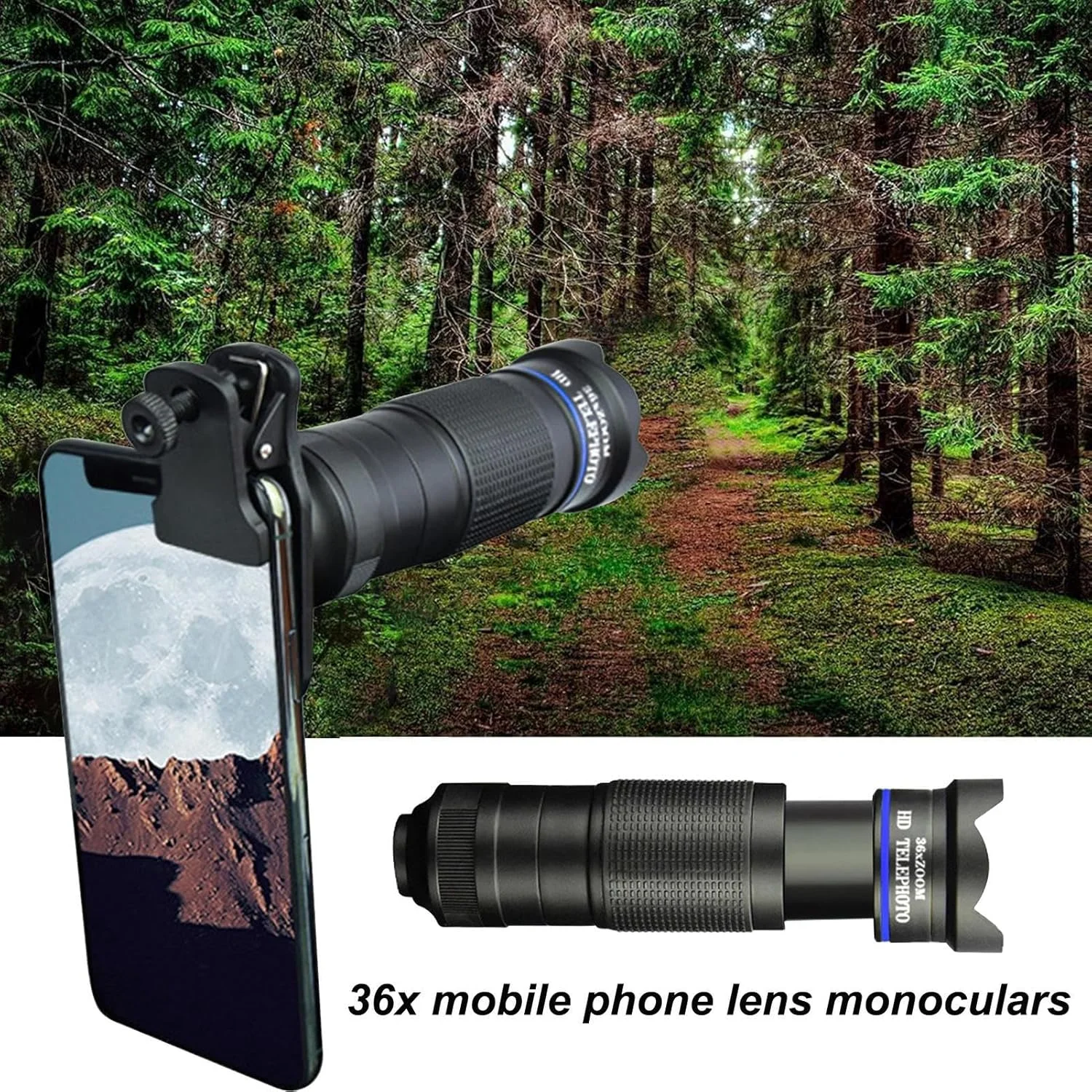تلسکوپ تک چشمی برای گوشی هوشمند، تلسکوپ تک چشمی قدرتمند برای تماشای پرندگان - لنز چند منظوره با وضوح 4K به همراه گیره تلفن همراه برای تماشای پرندگان، پیاده روی و کمپینگ