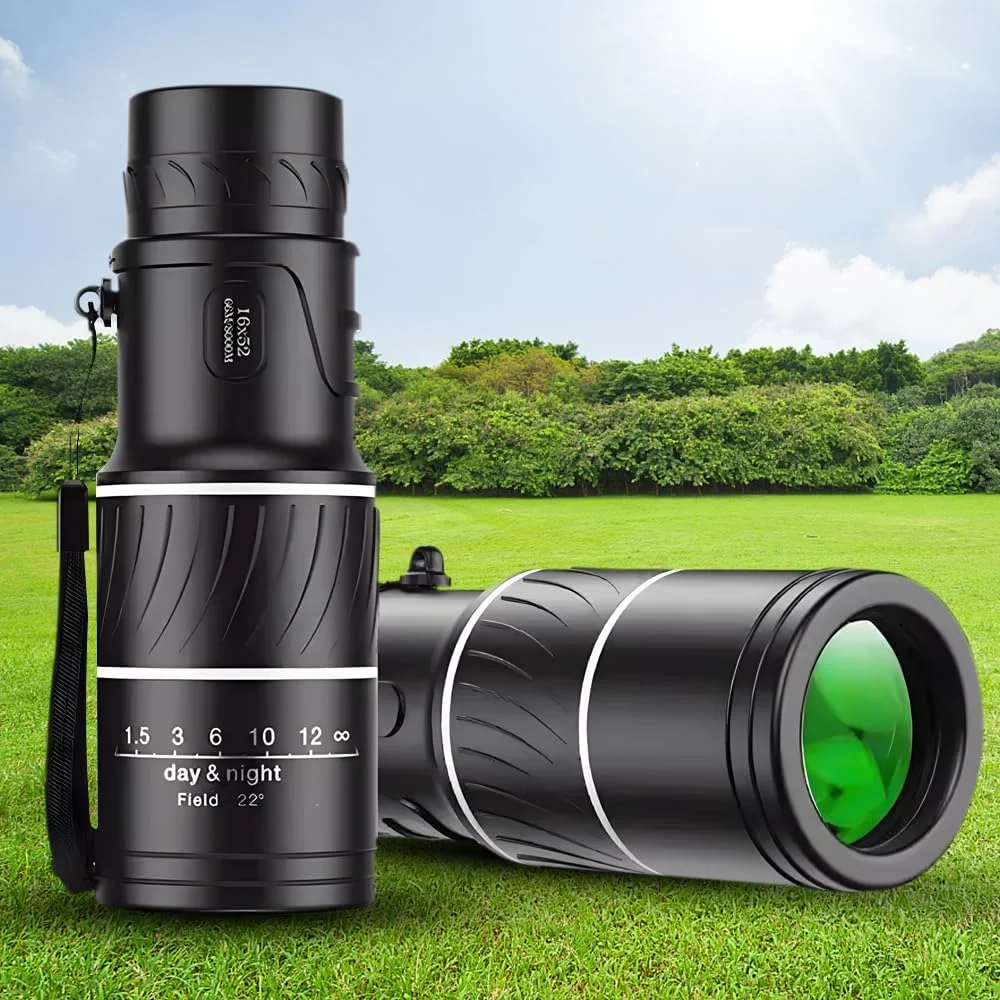 تلسکوپ تک چشمی کوچک با قدرت بالا برای بزرگسالان، تک چشمی فشرده منشور BAK4 برای بزرگسالان، تلسکوپ تک چشمی HD 16X52 برای هدیه، پرنده نگری و فعالیت در فضای باز، مشکی