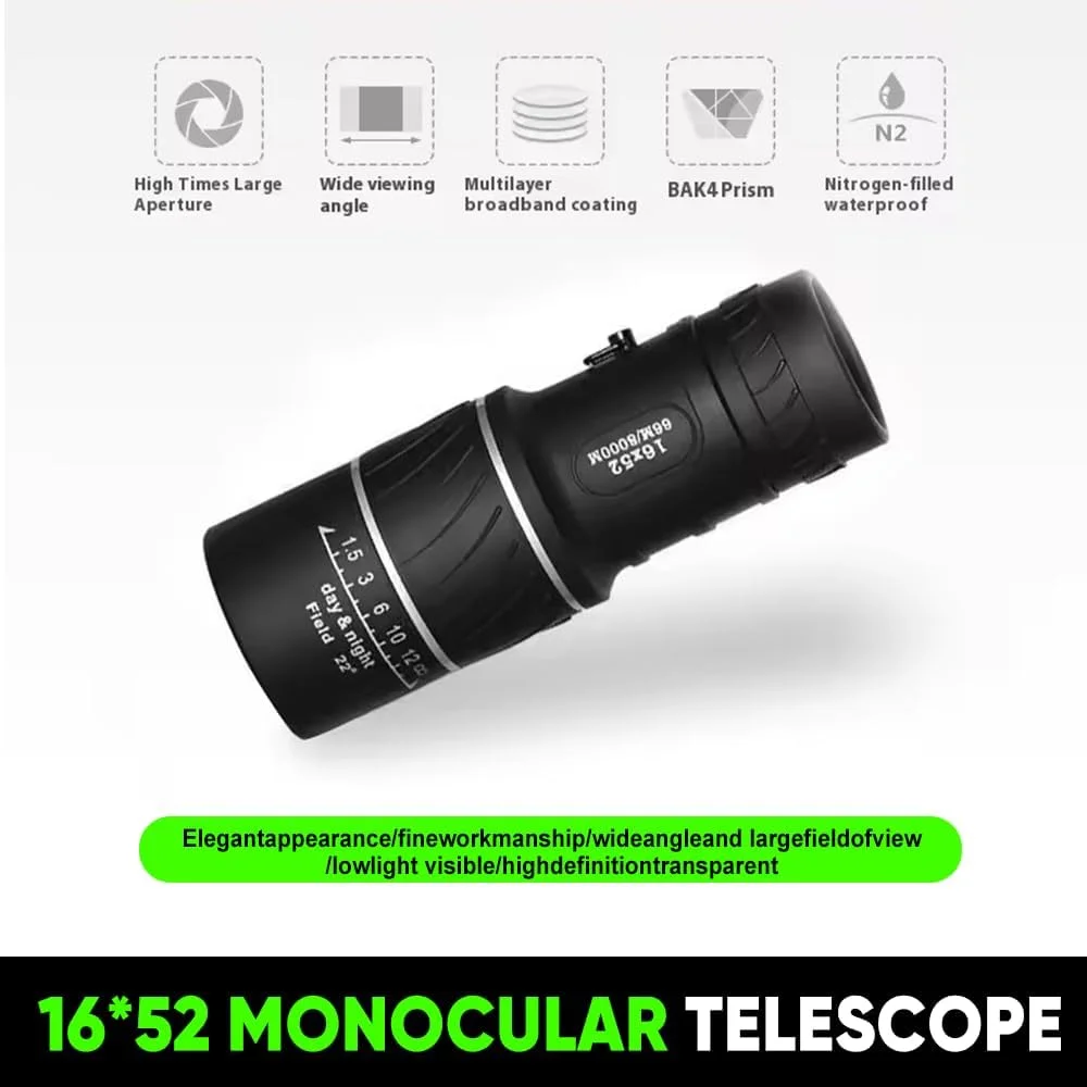 تلسکوپ تک چشمی کوچک با قدرت بالا برای بزرگسالان، تک چشمی فشرده منشور BAK4 برای بزرگسالان، تلسکوپ تک چشمی HD 16X52 برای هدیه، پرنده نگری و فعالیت در فضای باز، مشکی