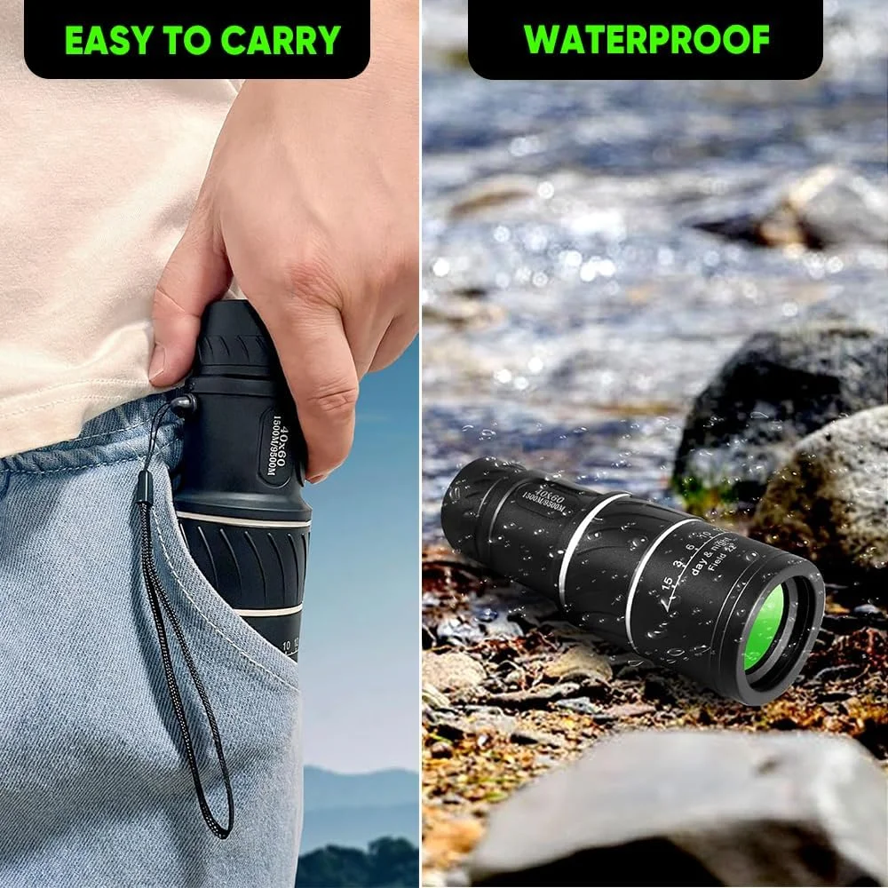 تلسکوپ تک چشمی کوچک با قدرت بالا برای بزرگسالان، تک چشمی فشرده منشور BAK4 برای بزرگسالان، تلسکوپ تک چشمی HD 16X52 برای هدیه، پرنده نگری و فعالیت در فضای باز، مشکی