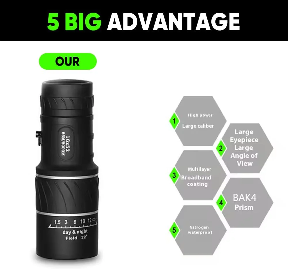 تلسکوپ تک چشمی کوچک با قدرت بالا برای بزرگسالان، تک چشمی فشرده منشور BAK4 برای بزرگسالان، تلسکوپ تک چشمی HD 16X52 برای هدیه، پرنده نگری و فعالیت در فضای باز، مشکی