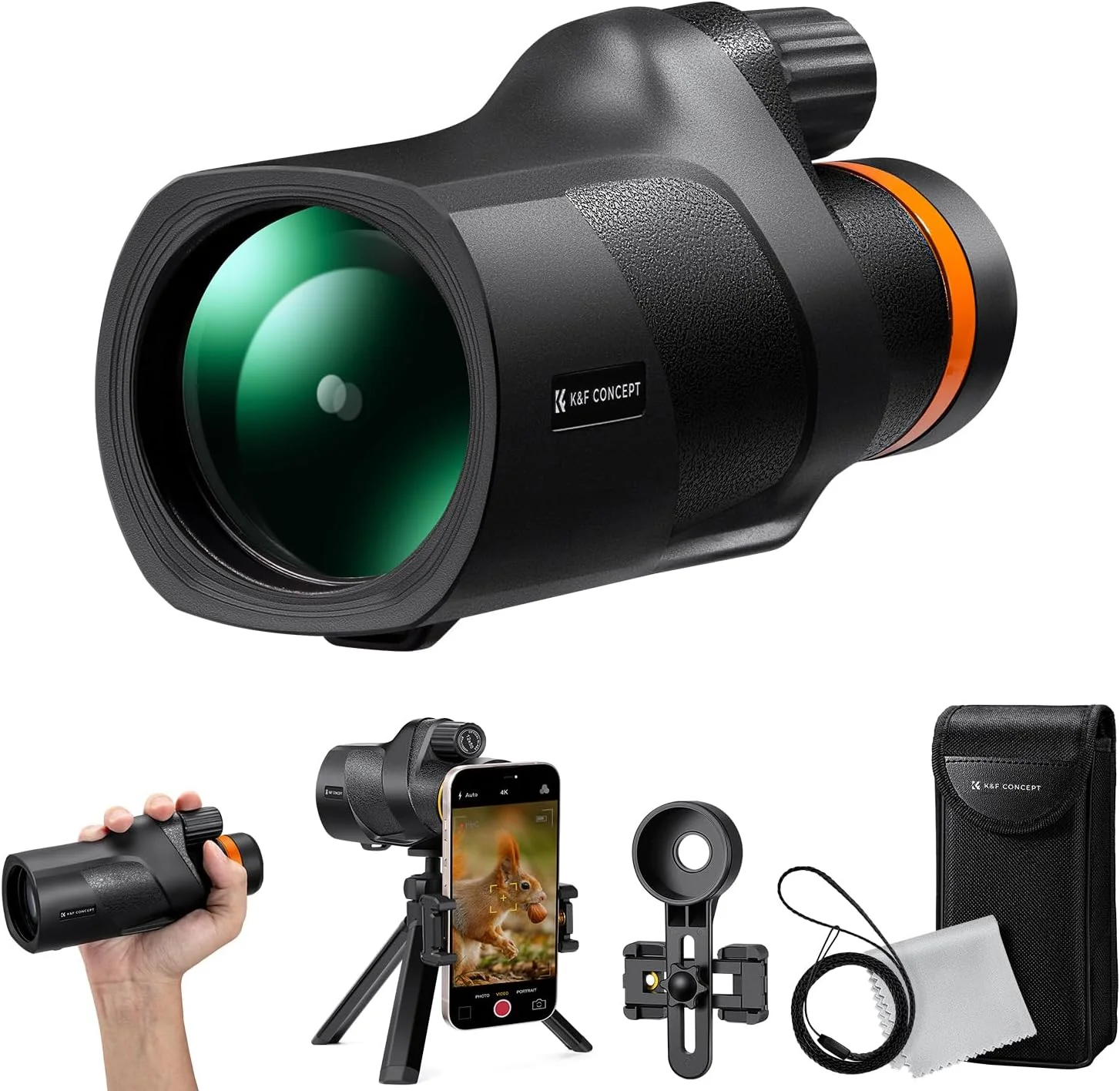 تلسکوپ تک چشمی 12x50 K&F Concept، HD BAK4، تک چشمی قابل حمل با رابط Ark، گیره تلفن، سه پایه کوچک، تلسکوپ تک چشمی برای تماشای پرندگان، مسافرت، مشکی