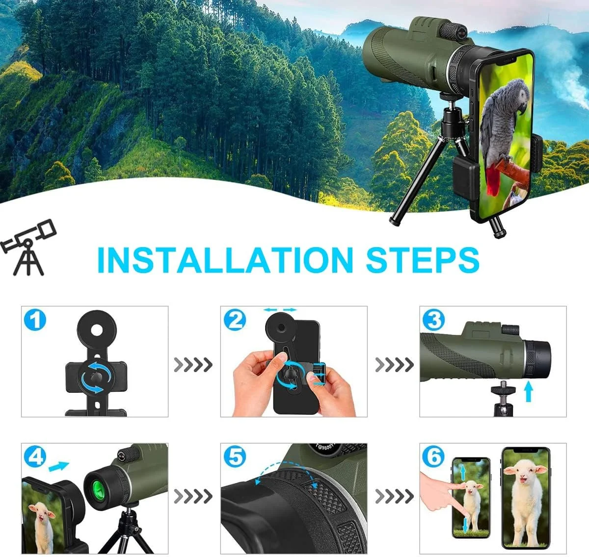 تلسکوپ تک چشمی 100x80 HD، منشور BAK4 ارتقا یافته 2022، لنز FMC، تک چشمی های فشرده با قدرت بالا به همراه نگهدارنده تلفن هوشمند و سه پایه برای بزرگسالان و کودکان، مناسب برای تماشا پرندگان و رصد ستارگان