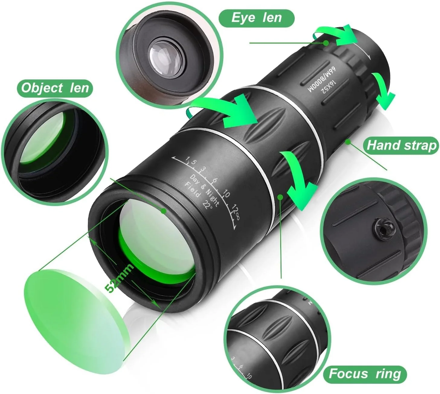 تلسکوپ تک چشمی 16X52 با قدرت بالا، تک چشمی های فشرده HD Prism برای بزرگسالان، مشکی