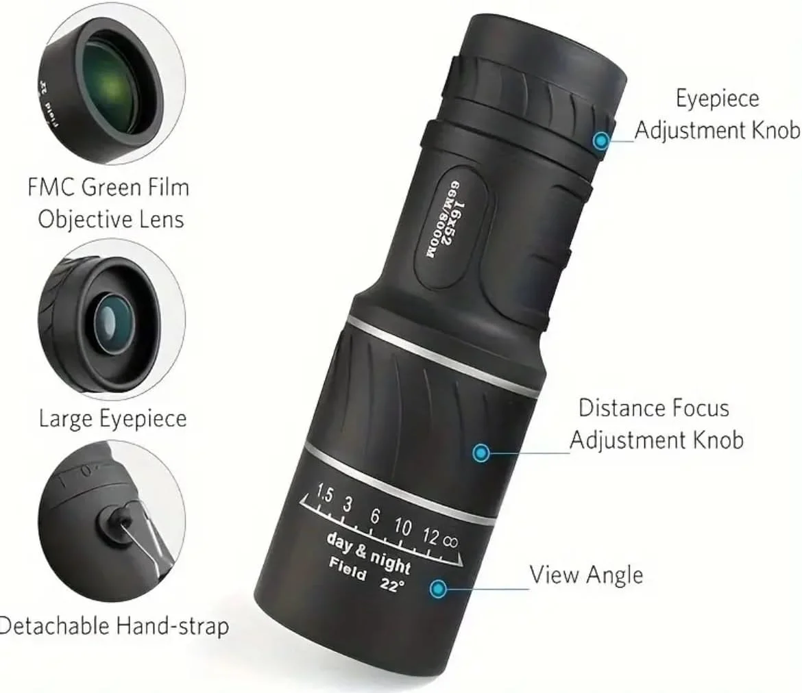 تلسکوپ تک چشمی، دید دوربرد با کیفیت بالا، طراحی PVC قابل حمل با دستگیره بافت دار و بند گردنی، مشکی