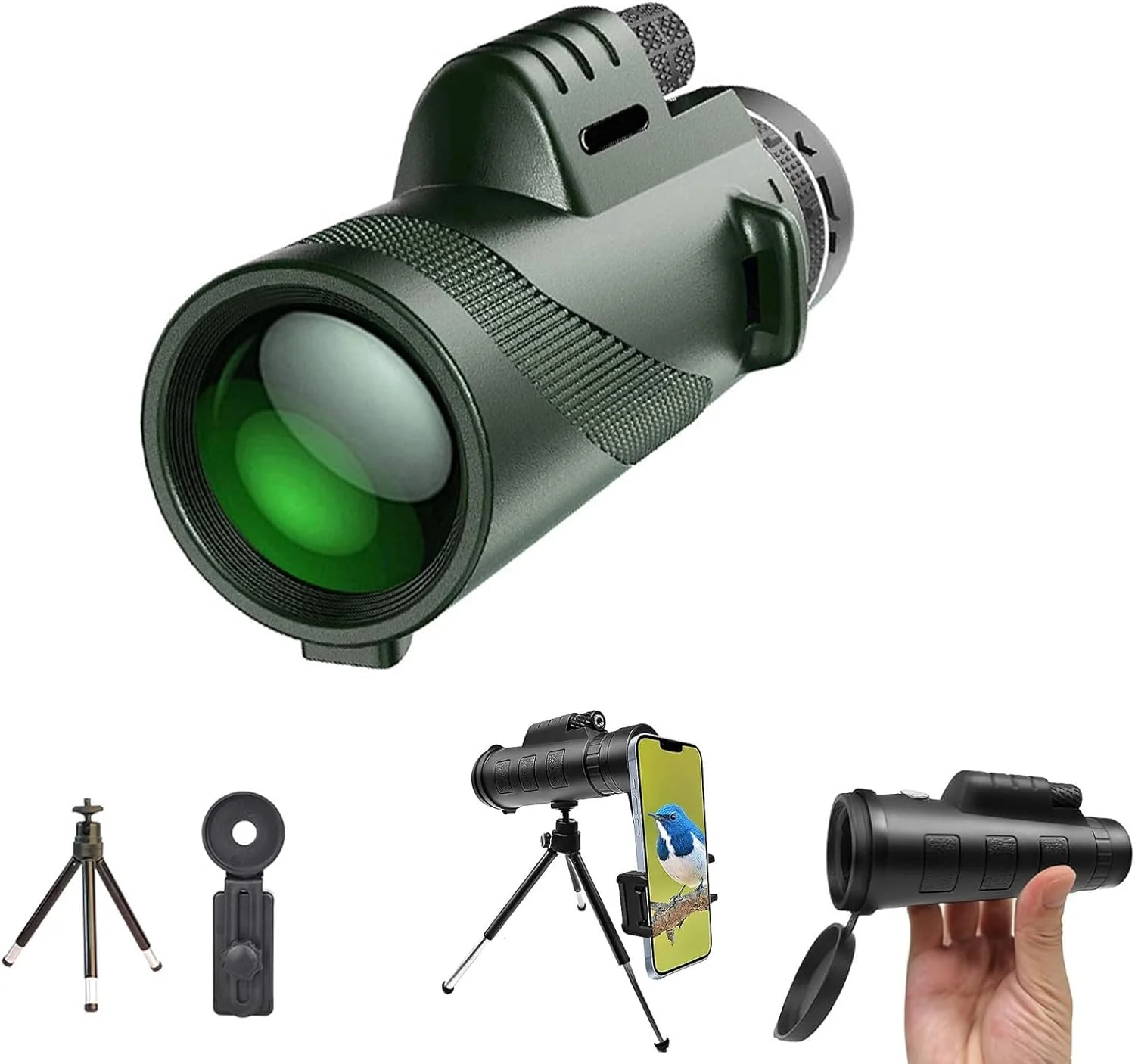 تلسکوپ تک چشمی Stscope 360، تلسکوپ تک چشمی 80x100 با قدرت بالا برای بزرگسالان، تلسکوپ تک چشمی با کیفیت بالا برای تماشای ستارگان، حیات وحش، تماشای پرندگان، مسافرت، کمپینگ و پیاده روی (سبز)