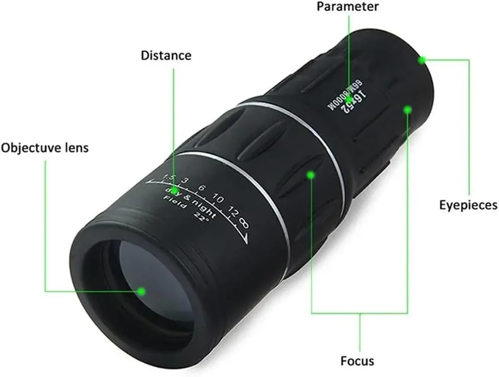تلسکوپ تک چشمی 16X52 با زوم دوگانه، برد 66M/8000M، لنز اپتیکال/لاستیکی مناسب فضای باز به همراه بند