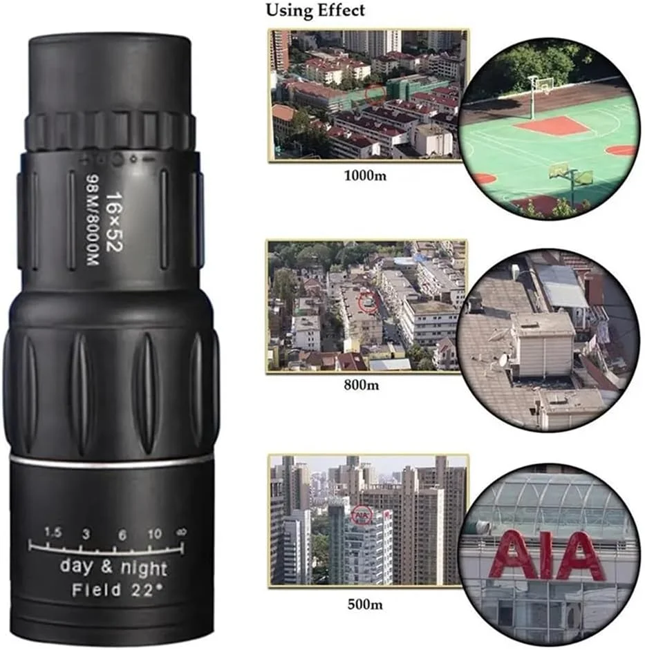 تلسکوپ تک چشمی 16X52 با زوم دوگانه، برد 66M/8000M، لنز اپتیکال/لاستیکی مناسب فضای باز به همراه بند