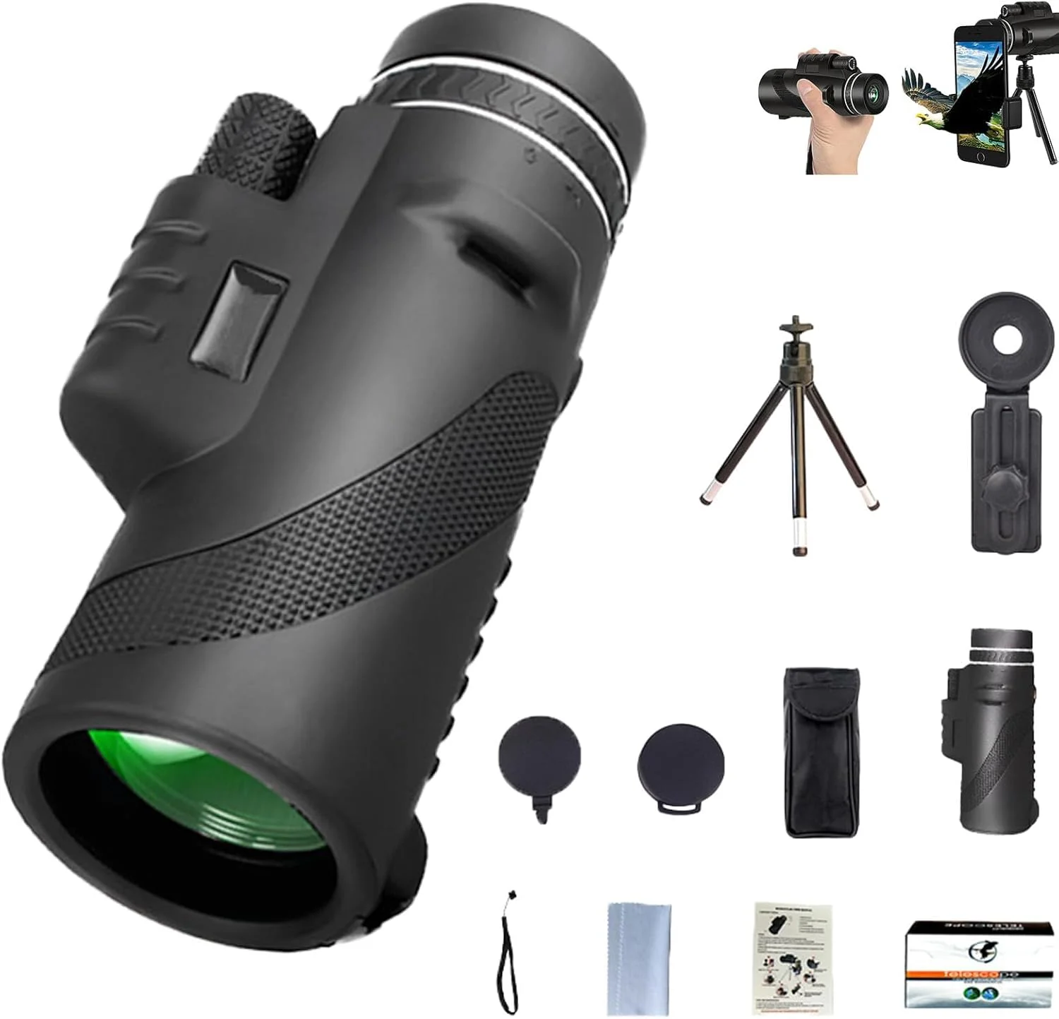 تک چشمی Stscope 360، تلسکوپ قدرت بالا برای بزرگسالان، برد بلند، به همراه آداپتور تلفن همراه و سه پایه برای تماشای پرندگان، کمپینگ، ستاره‌نگاری و مسافرت (مشکی، 80 * 100)