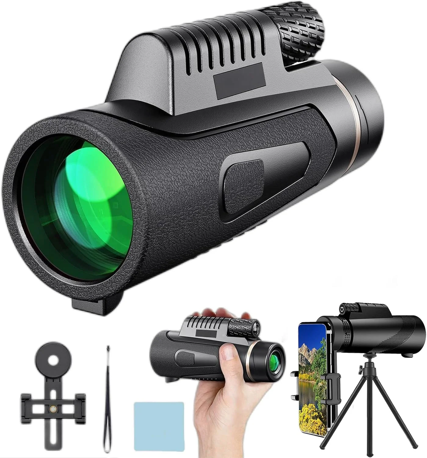 تلسکوپ تک چشمی با منشور اپتیکی کامل و فوکوس، تلسکوپ تک چشمی 40x60 با قدرت بالا برای بزرگسالان به همراه نگهدارنده تلفن هوشمند و سه پایه برای پیاده روی، ماهیگیری و شکار