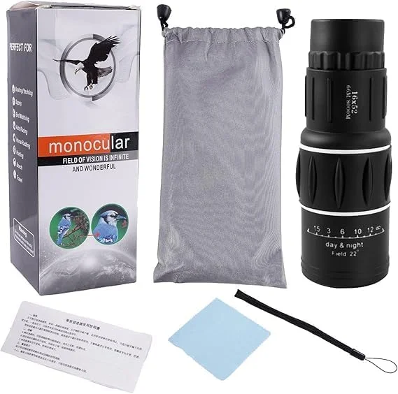 تلسکوپ تک چشمی 16x52، تلسکوپ قابل حمل با بزرگنمایی بالا، دید واضح HD برای تماشای پرندگان در فضای باز و مسافرت، مشکی