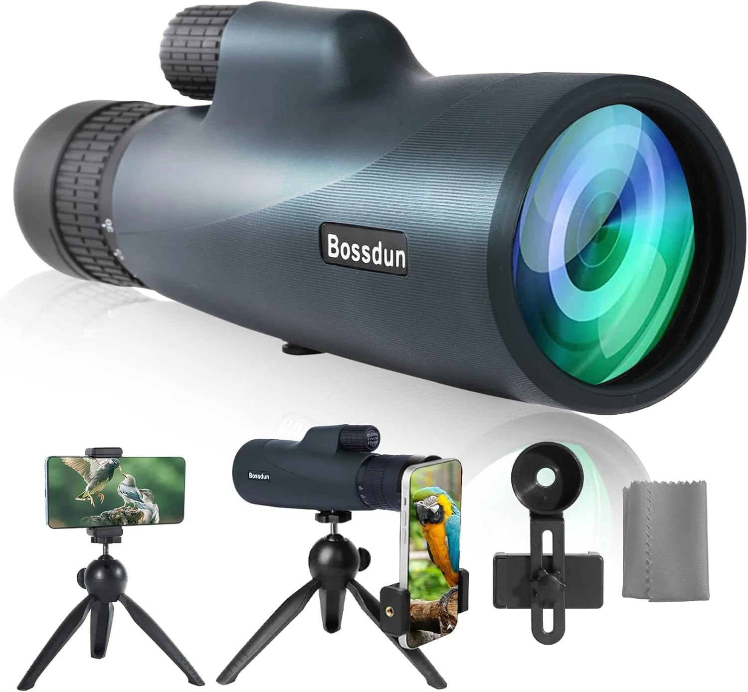 تلسکوپ تک چشمی BOSSDUN، بزرگنمایی 30x50 HD با قدرت بالا به همراه آداپتور تلفن، سه پایه و سایه بان لنز، لنز FMC / منشور BAK4 ضد آب برای بزرگسالان برای تماشای پرندگان، پیاده روی و تماشای ستارگان