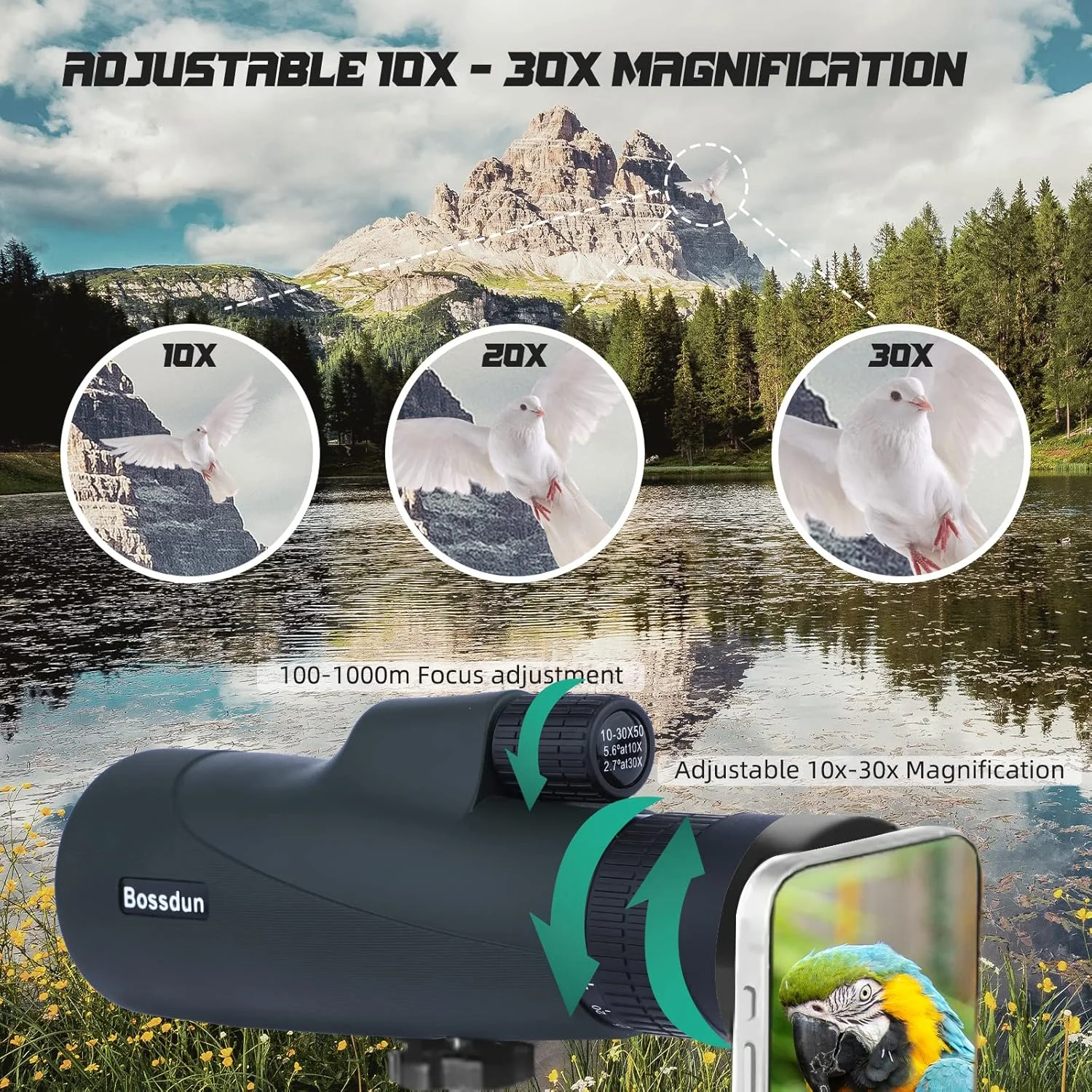 تلسکوپ تک چشمی BOSSDUN، بزرگنمایی 30x50 HD با قدرت بالا به همراه آداپتور تلفن، سه پایه و سایه بان لنز، لنز FMC / منشور BAK4 ضد آب برای بزرگسالان برای تماشای پرندگان، پیاده روی و تماشای ستارگان تلسکوپ تک چشمی BOSSDUN، بزرگنمایی 30x50 HD با قدرت بالا به همراه آداپتور تلفن، سه پایه و سایه بان لنز، لنز FMC / منشور BAK4 ضد آب برای بزرگسالان برای تماشای پرندگان، پیاده روی و تماشای ستارگان