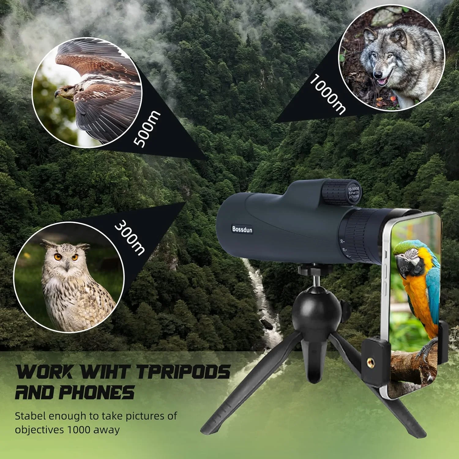 تلسکوپ تک چشمی BOSSDUN، بزرگنمایی 30x50 HD با قدرت بالا به همراه آداپتور تلفن، سه پایه و سایه بان لنز، لنز FMC / منشور BAK4 ضد آب برای بزرگسالان برای تماشای پرندگان، پیاده روی و تماشای ستارگان تلسکوپ تک چشمی BOSSDUN، بزرگنمایی 30x50 HD با قدرت بالا به همراه آداپتور تلفن، سه پایه و سایه بان لنز، لنز FMC / منشور BAK4 ضد آب برای بزرگسالان برای تماشای پرندگان، پیاده روی و تماشای ستارگان