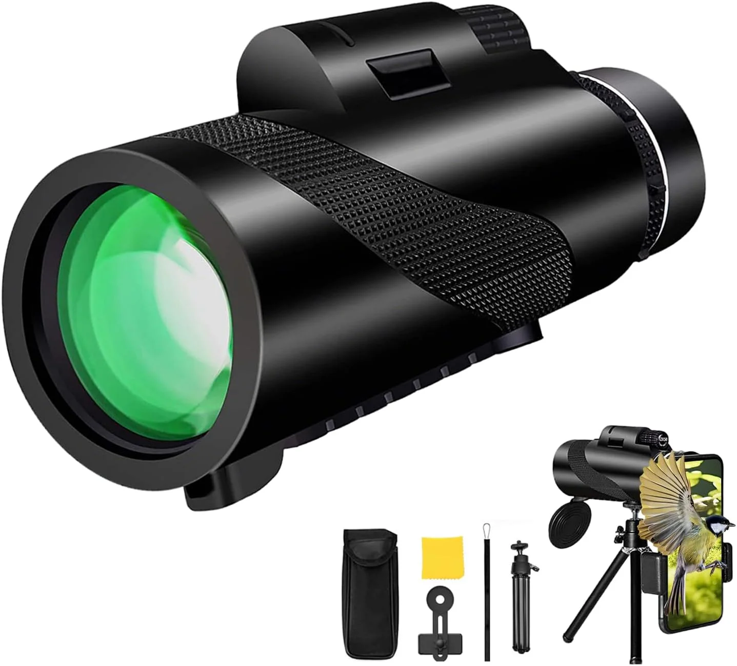 تک چشمی 40x60 برای بزرگسالان به همراه نگهدارنده تلفن هوشمند و سه پایه - روکش لاستیکی مقاوم، تک چشمی زوم HD برای تماشای پرندگان، پیاده روی، شکار، کمپینگ و تماشای طبیعت