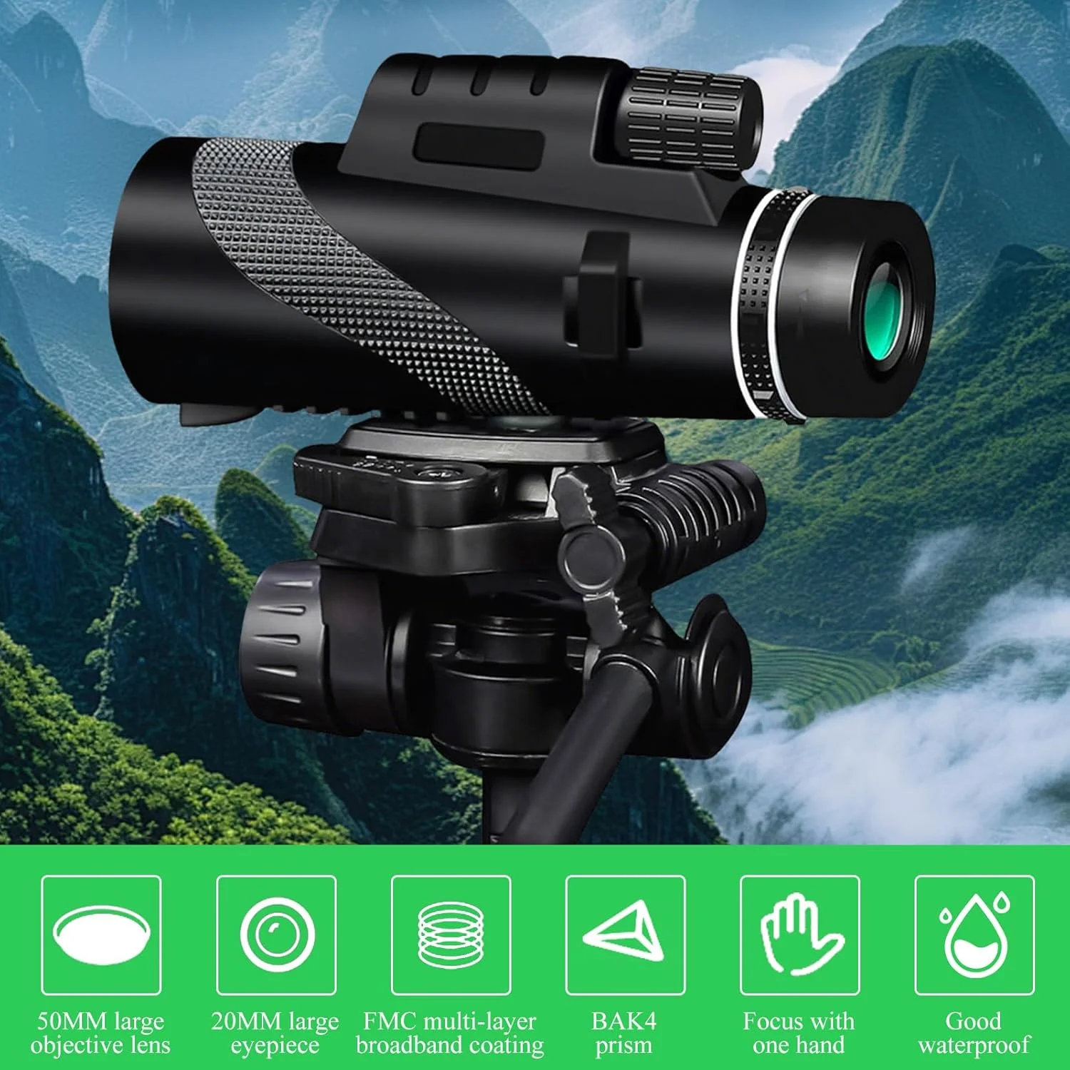 تک چشمی 40x60 برای بزرگسالان به همراه نگهدارنده تلفن هوشمند و سه پایه - روکش لاستیکی مقاوم، تک چشمی زوم HD برای تماشای پرندگان، پیاده روی، شکار، کمپینگ و تماشای طبیعت