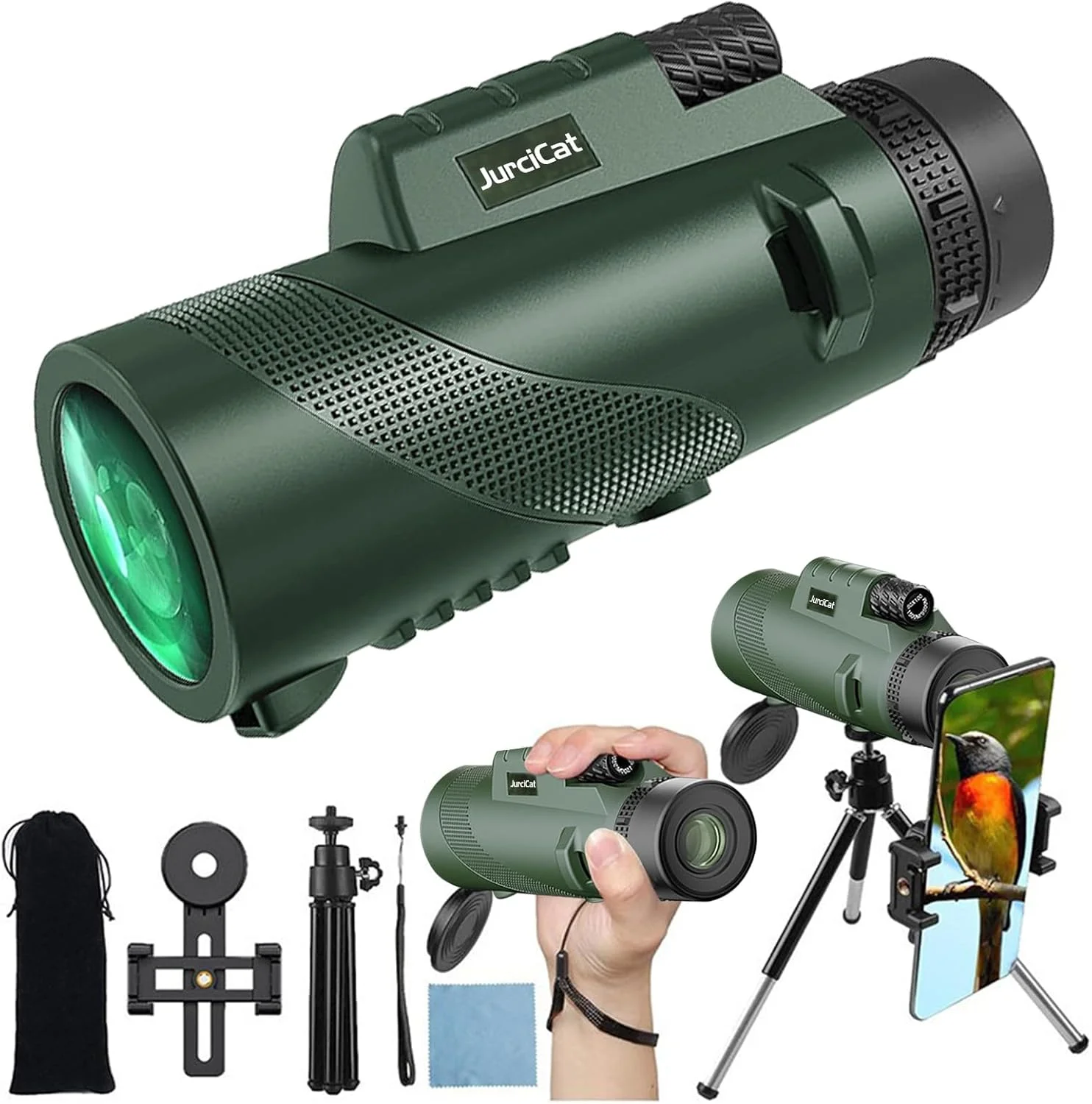 تلسکوپ تک چشمی زوم اپتیکال HD 12-20X50 (مشکی و سبز) به همراه سه پایه و نگهدارنده تلفن همراه برای تماشای ستارگان، شکار و ورزش های فضای باز