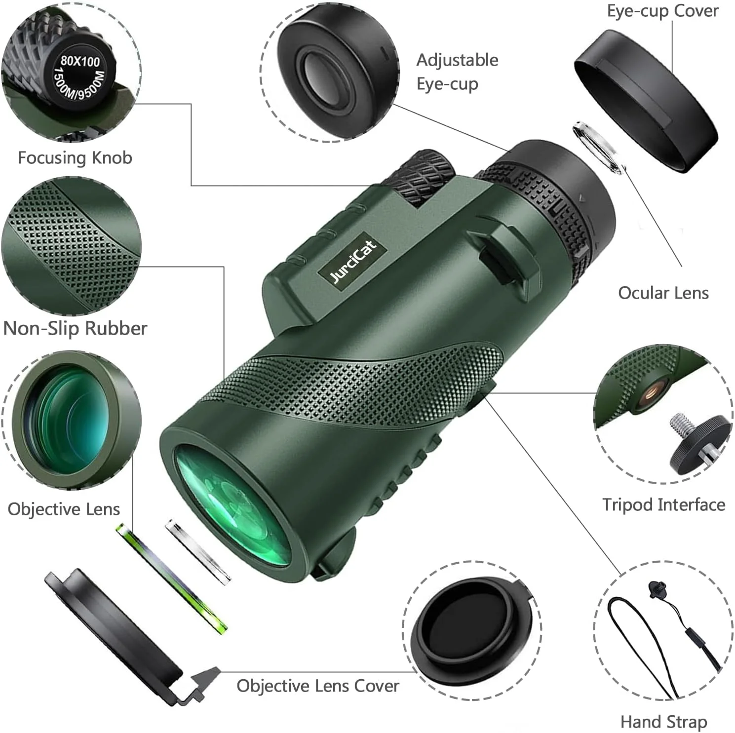 تلسکوپ تک چشمی زوم اپتیکال HD 12-20X50 (مشکی و سبز) به همراه سه پایه و نگهدارنده تلفن همراه برای تماشای ستارگان، شکار و ورزش های فضای باز