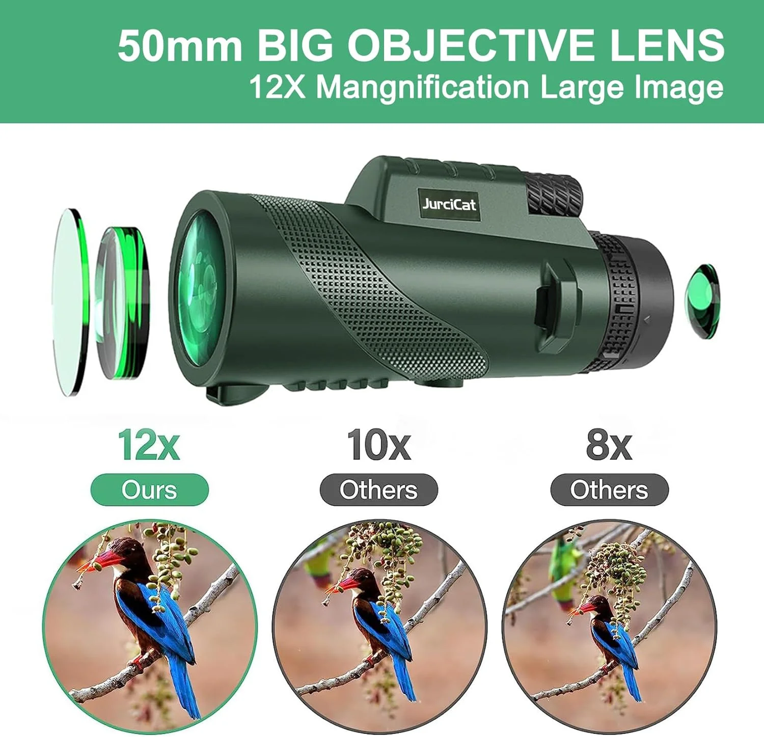 تلسکوپ تک چشمی زوم اپتیکال HD 12-20X50 (مشکی و سبز) به همراه سه پایه و نگهدارنده تلفن همراه برای تماشای ستارگان، شکار و ورزش های فضای باز