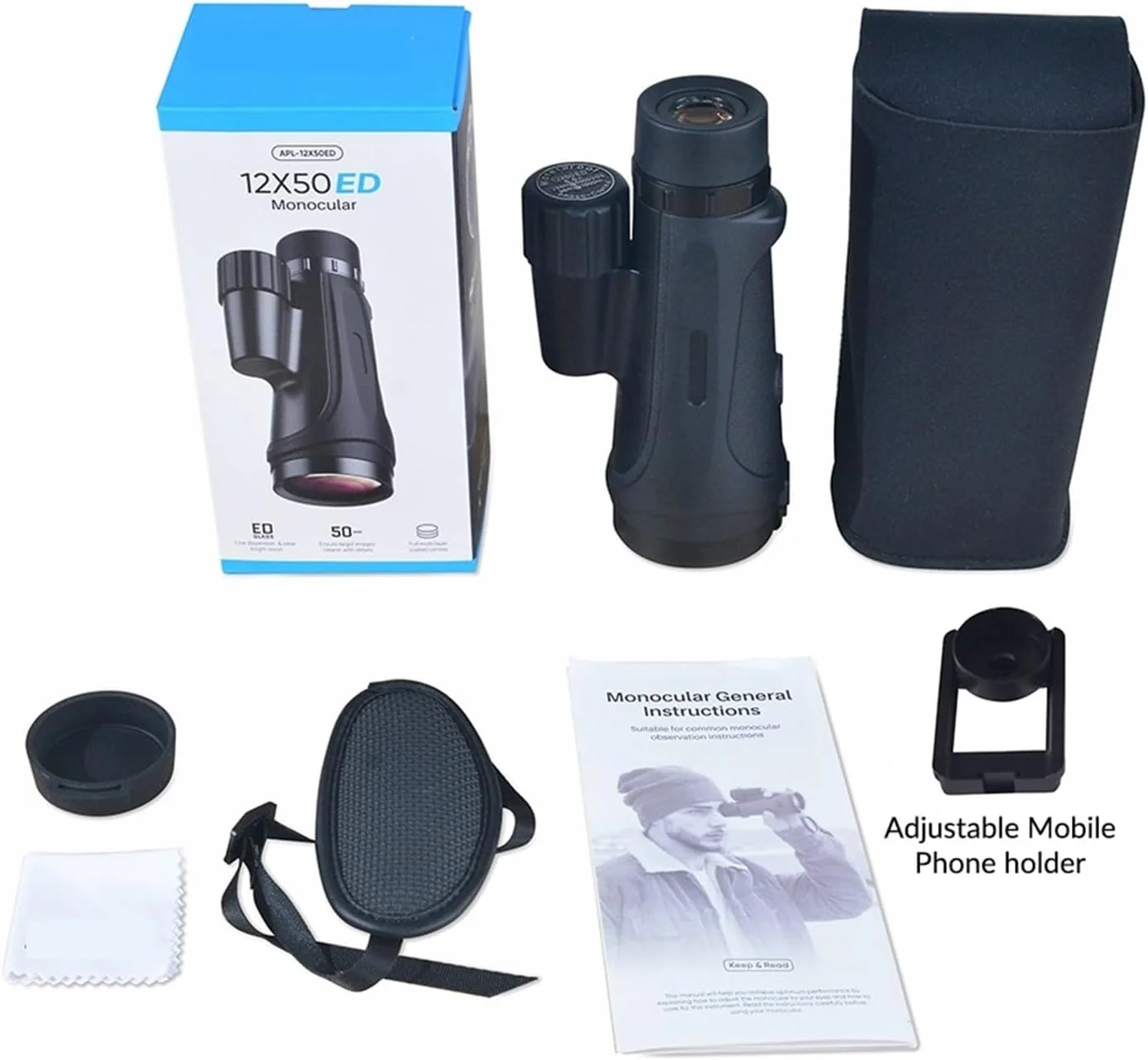 تک چشمی دید در شب واضح، تلسکوپ تک چشمی 12x50 شیشه ED برای بزرگسالان با گیره تلفن IPX7 ضد آب برای تجهیزات تماشای پرندگان برد دید طولانی