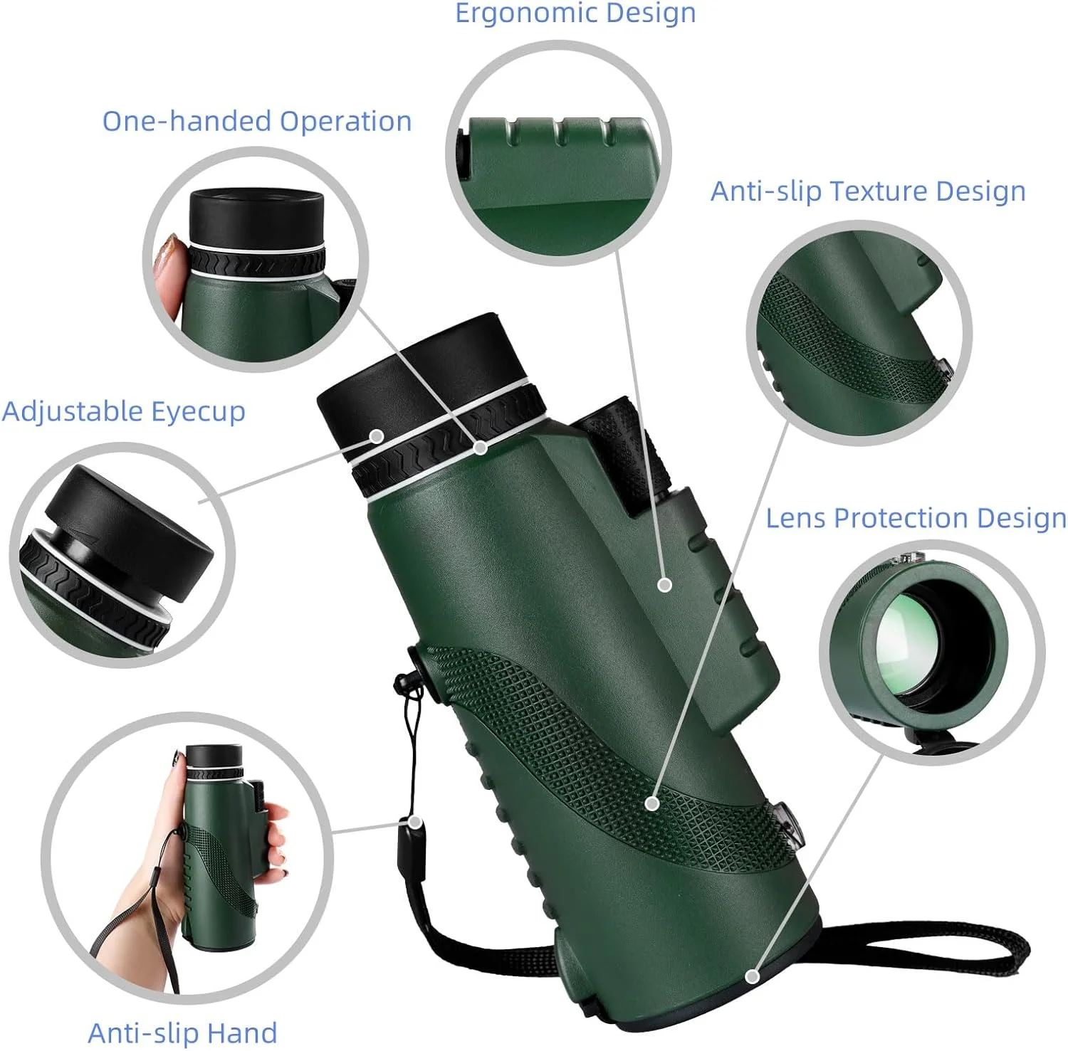 تک چشمی قدرتمند 8x42 - منشور BAK4 HD ضد آب برای آقایان و بانوان، مناسب شکار، پیاده روی و مسافرت (سبز تیره)
