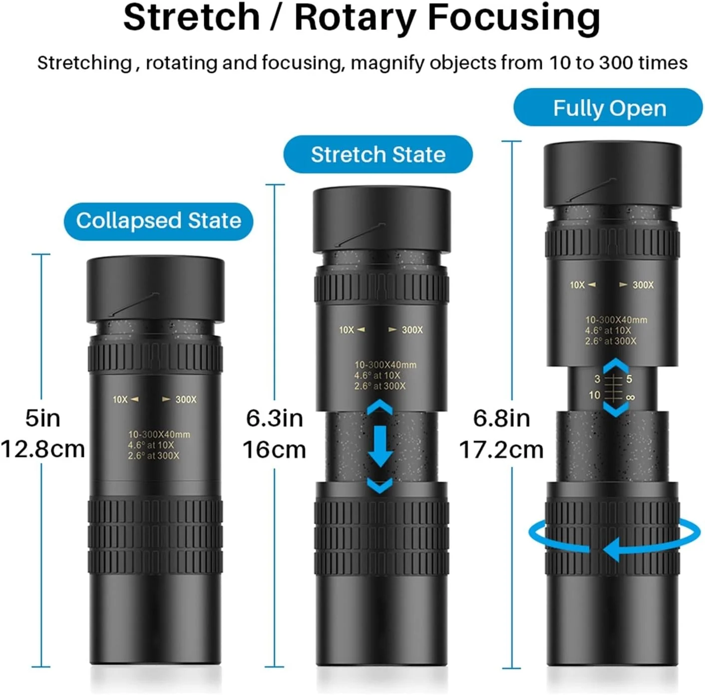 تلسکوپ تک چشمی HD 10-300x40 حرفه ای، تلسکوپ زوم تک چشمی با قدرت بالا، تلسکوپ HD قابل حمل برای گردشگری، کمپینگ، تجهیزات شکار، تماشای پرندگان و شکار (تک چشمی)