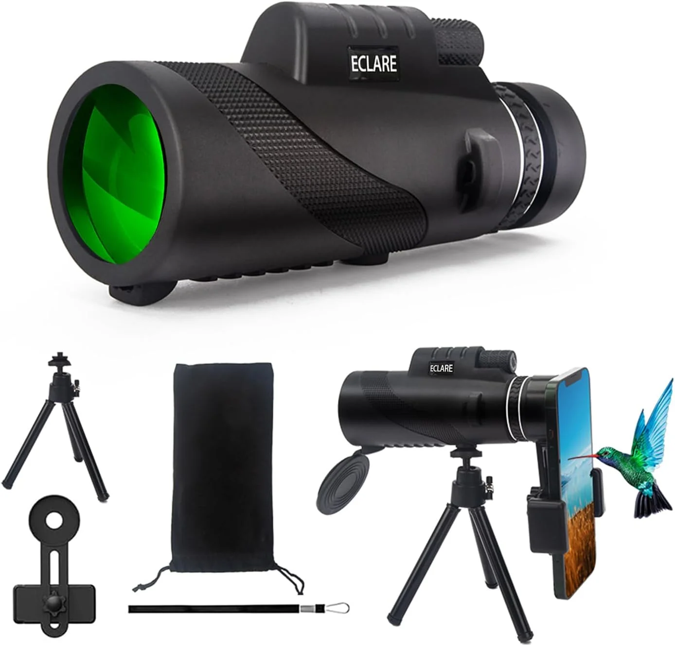 تلسکوپ تک چشمی 10X40 با قدرت بالا، دارای منشور BAK4 و لنز FMC، تک چشمی سبک وزن برای بزرگسالان به همراه سه پایه و آداپتور تلفن همراه برای تماشای پرندگان و پیاده‌روی