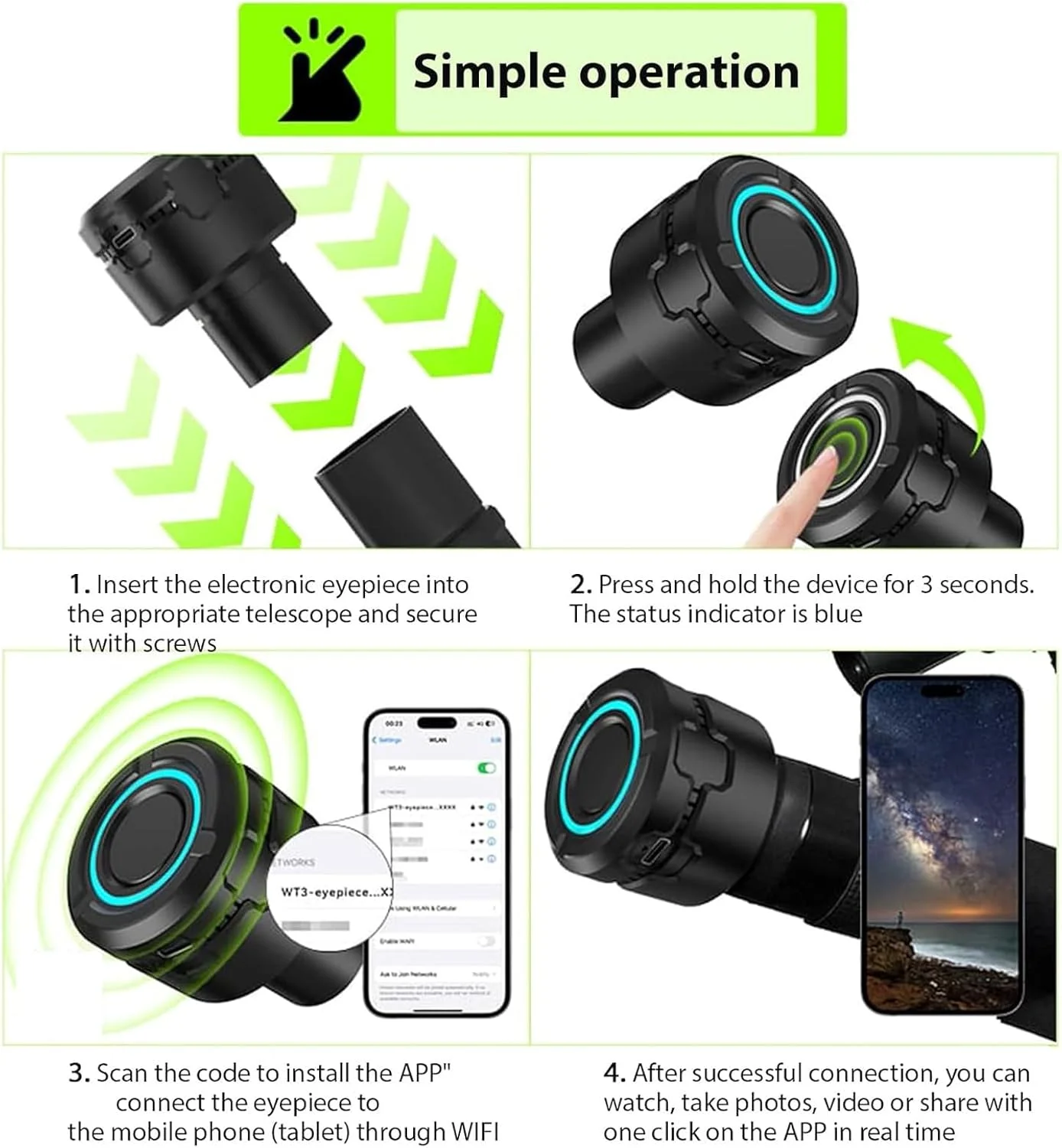 چشمی دوربین تلسکوپ وای فای، چشمی الکترونیکی بی سیم با آداپتور 1.25 اینچی برای عکاسی نجومی و تماشای پرندگان