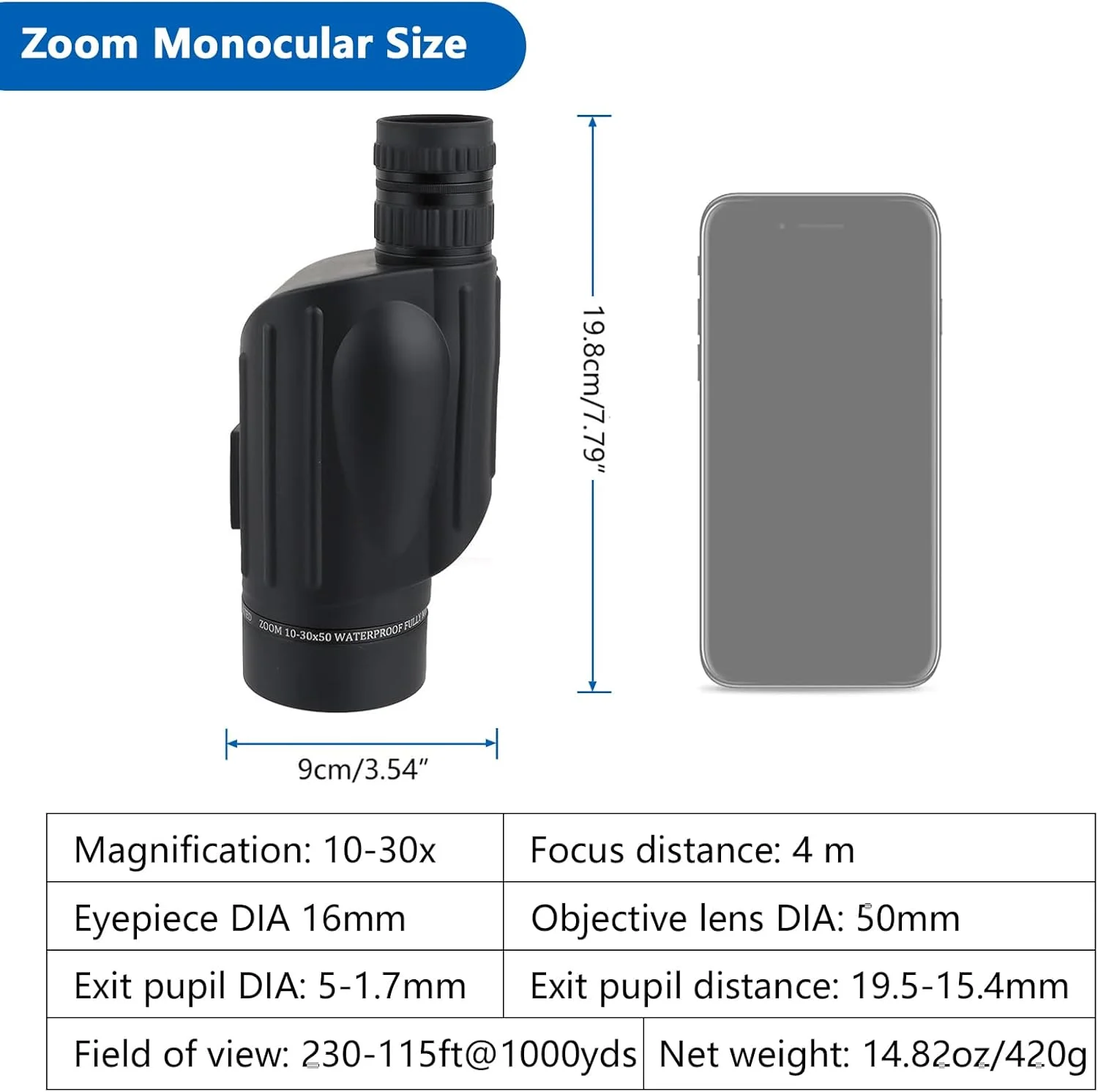 تلسکوپ تک چشمی 10-30X50 FOCUHUNTER با بزرگنمایی بالا، اپتیک فشرده FMC برای بزرگسالان، ضد پاشش آب، مناسب تماشای پرندگان در فضای باز، مسافرت و بزرگنمایی