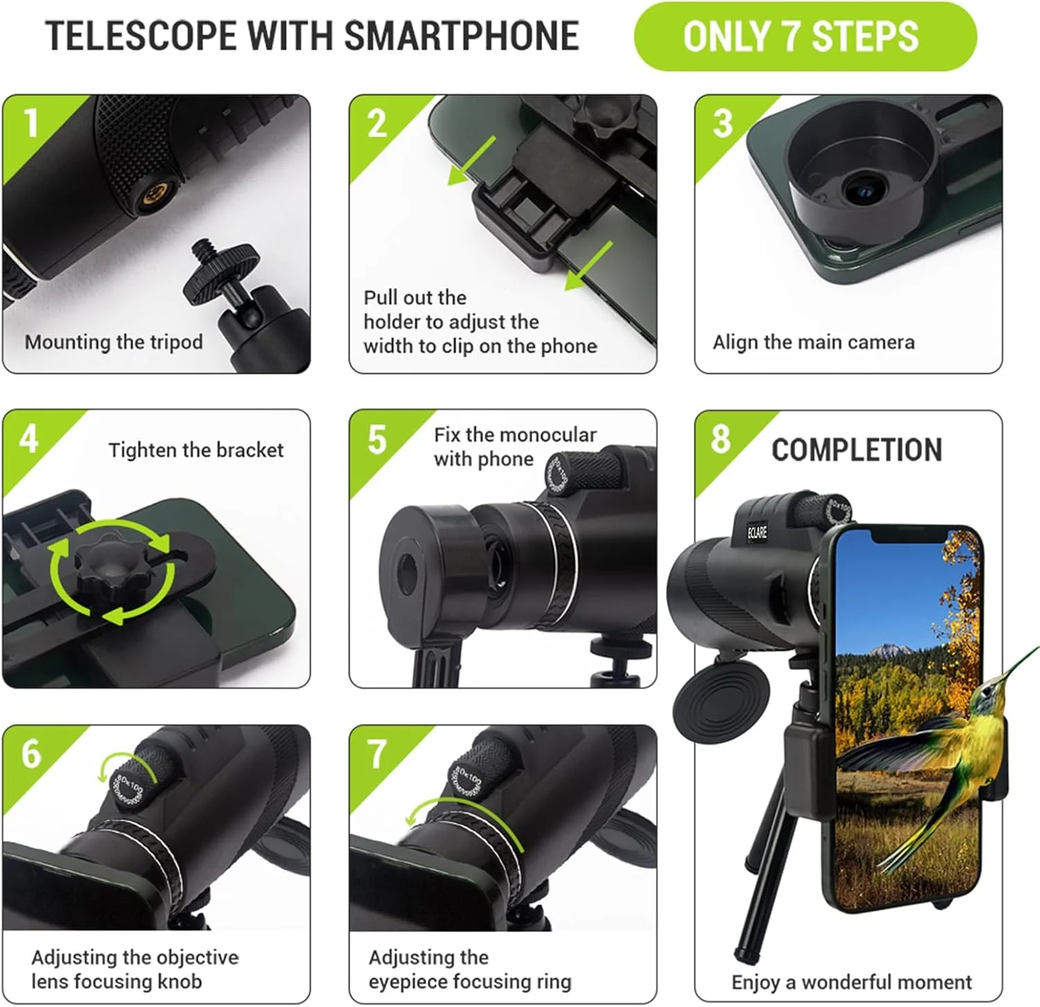 تلسکوپ تک چشمی 10X40 با قدرت بالا، دارای منشور BAK4 و لنز FMC، تک چشمی سبک وزن برای بزرگسالان به همراه سه پایه و آداپتور تلفن همراه برای تماشای پرندگان و پیاده‌روی