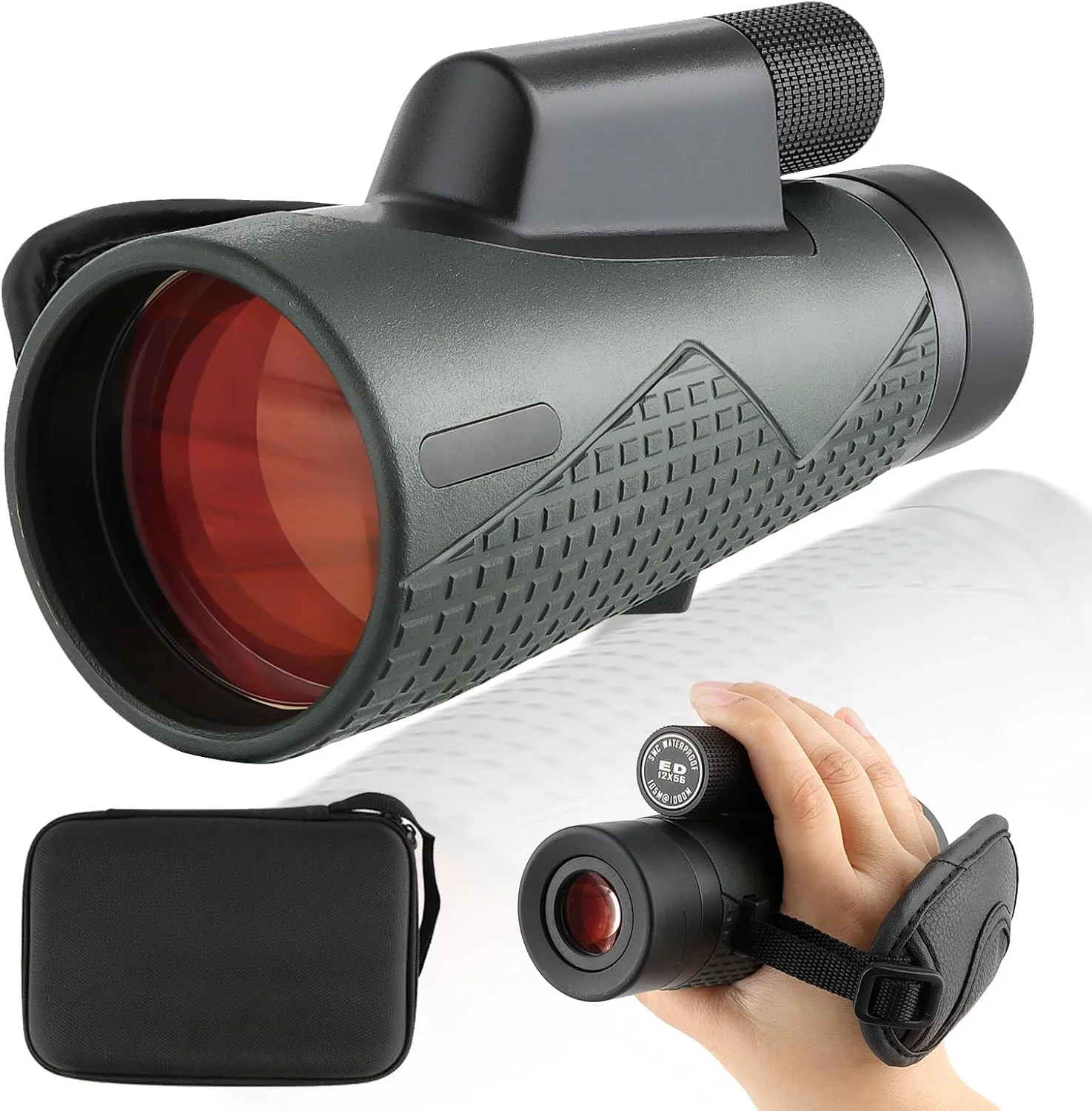 تک چشمی FOCUHUNTER 12x56 ED، تک چشمی دستی HD با منشور BAK4 و پوشش سبز FMC، فاصله چشمی 14.6 میلی متر، تلسکوپ ضد آب شامل بند مچی ارتقا یافته، کیف EVA، پوشش لنز برای بزرگسالان تماشای پرندگان