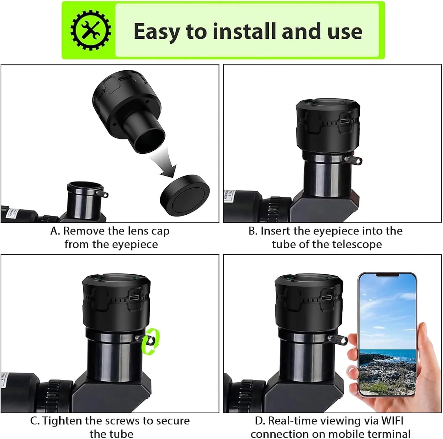 چشمی دوربین تلسکوپ وای فای، چشمی الکترونیکی بی سیم با آداپتور 1.25 اینچی برای عکاسی نجومی و تماشای پرندگان