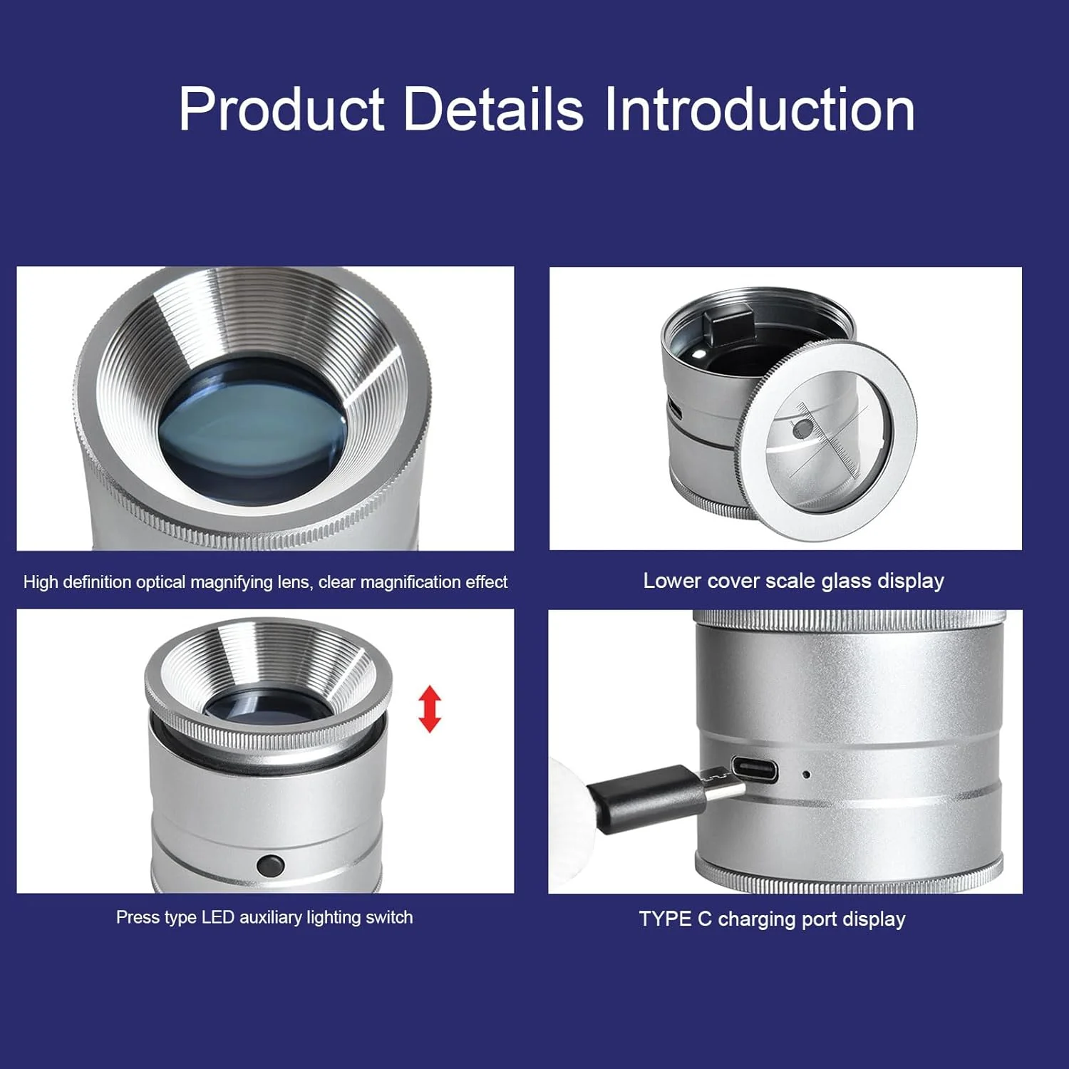 بزرگنمایی 10 برابری Fabater با باتری قابل شارژ USB، شیشه تک چشمی جمع و جور برای بازرسی سنگ های قیمتی، ساخته شده از آلیاژ آلومینیوم