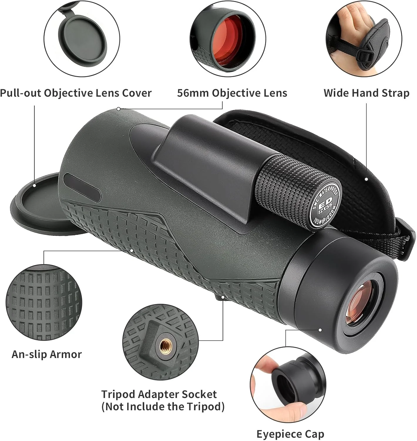 تک چشمی FOCUHUNTER 12x56 ED، تک چشمی دستی HD با منشور BAK4 و پوشش سبز FMC، فاصله چشمی 14.6 میلی متر، تلسکوپ ضد آب شامل بند مچی ارتقا یافته، کیف EVA، پوشش لنز برای بزرگسالان تماشای پرندگان