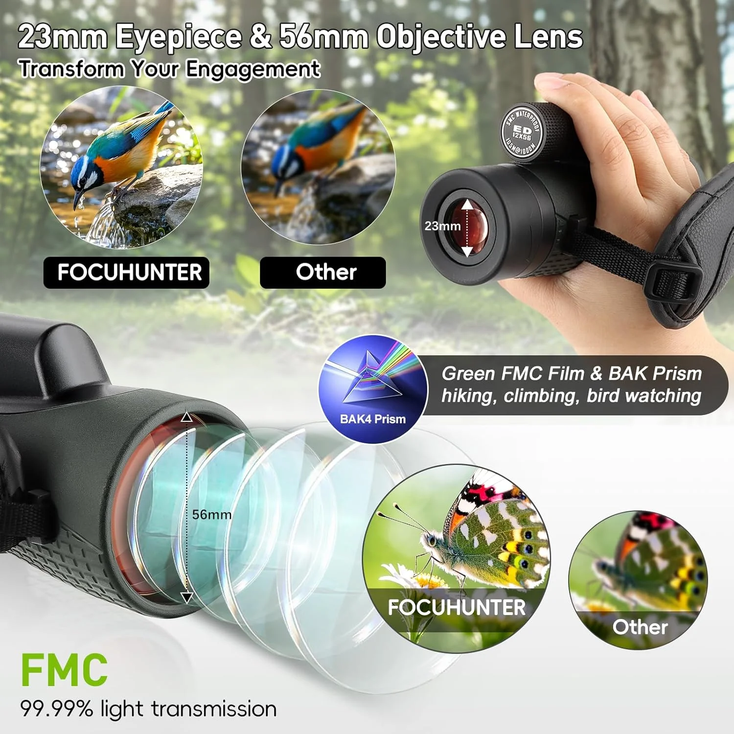 تک چشمی FOCUHUNTER 12x56 ED، تک چشمی دستی HD با منشور BAK4 و پوشش سبز FMC، فاصله چشمی 14.6 میلی متر، تلسکوپ ضد آب شامل بند مچی ارتقا یافته، کیف EVA، پوشش لنز برای بزرگسالان تماشای پرندگان