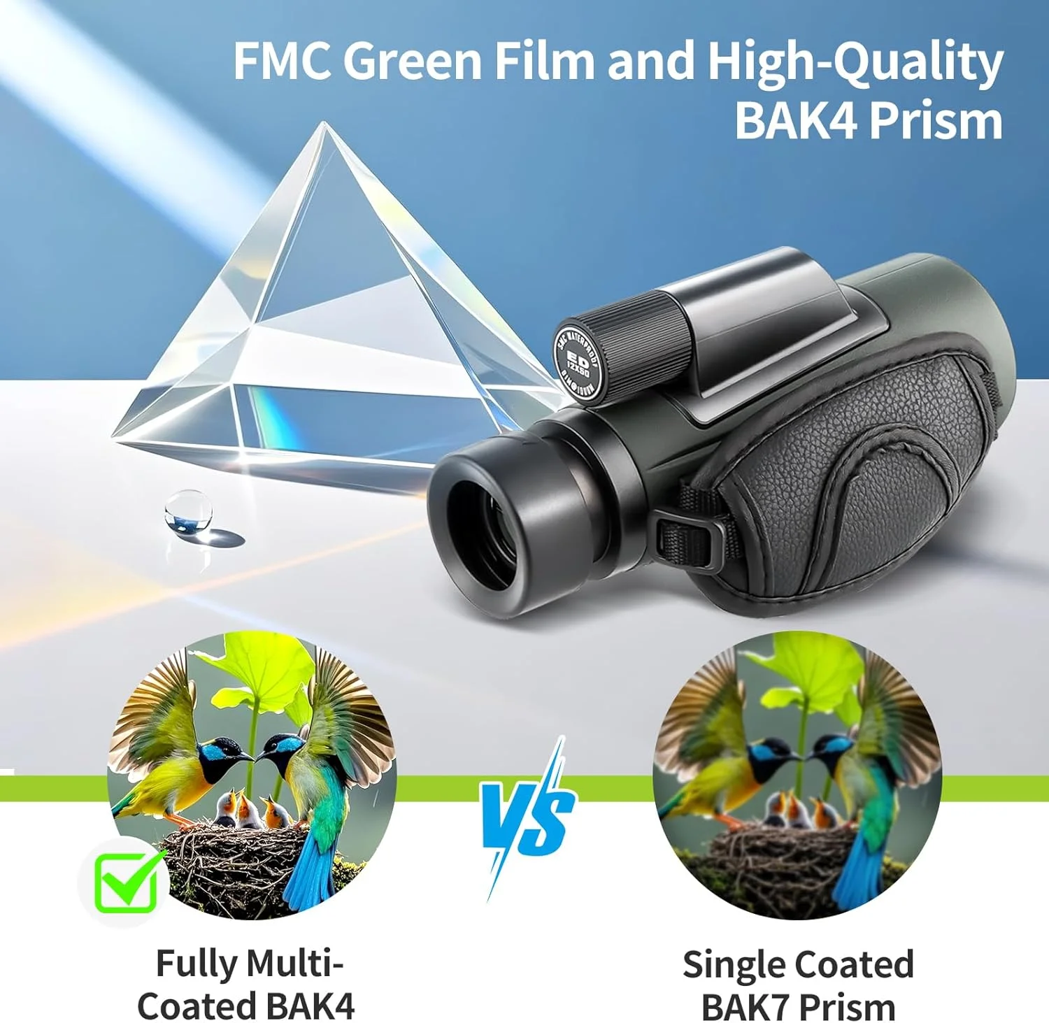 تک چشمی FOCUHUNTER 12x56 ED، تک چشمی دستی HD با منشور BAK4 و پوشش سبز FMC، فاصله چشمی 14.6 میلی متر، تلسکوپ ضد آب شامل بند مچی ارتقا یافته، کیف EVA، پوشش لنز برای بزرگسالان تماشای پرندگان